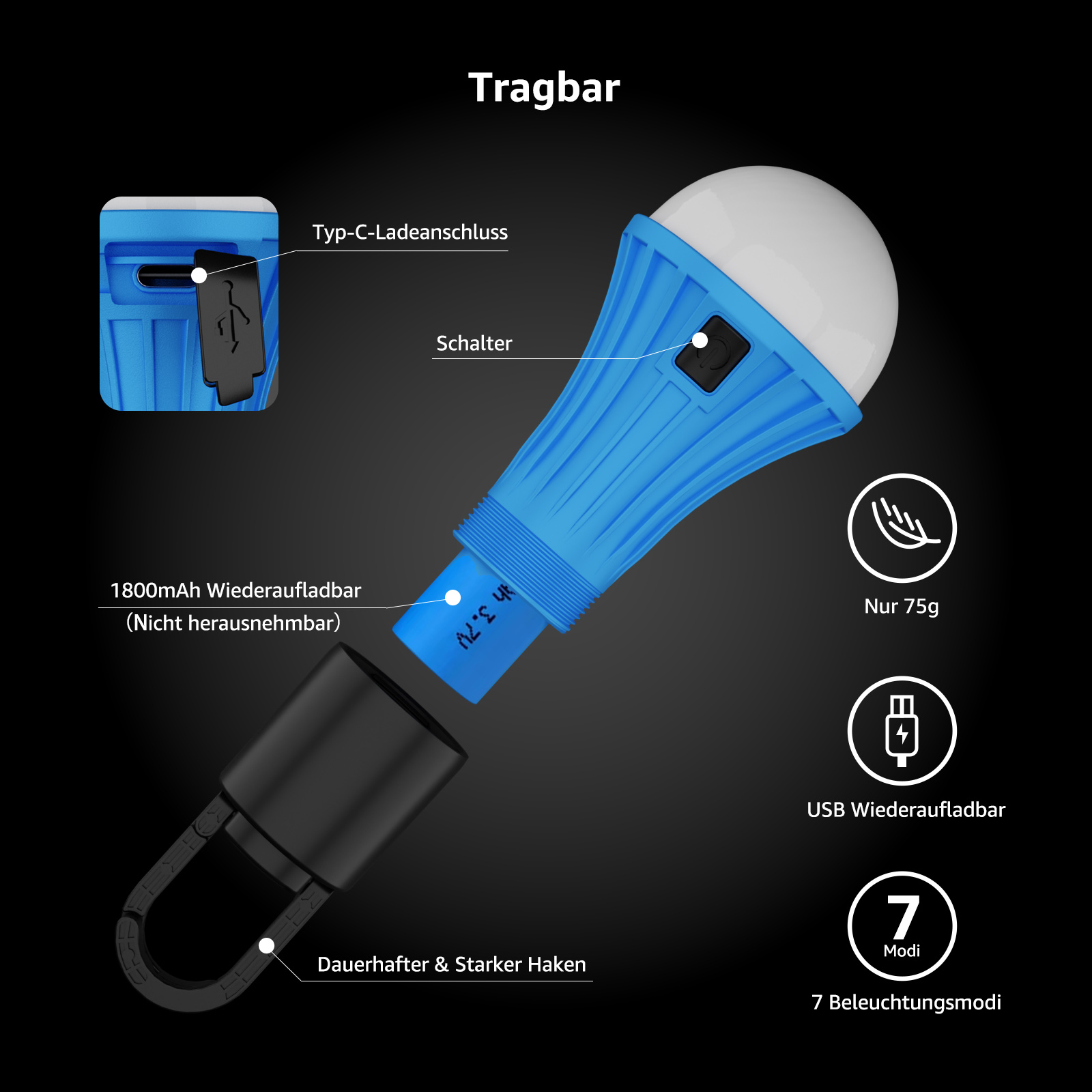 Blaue tragbare Lampe mit Diagrammen und Text, die ihre Merkmale und Komponenten veranschaulichen.