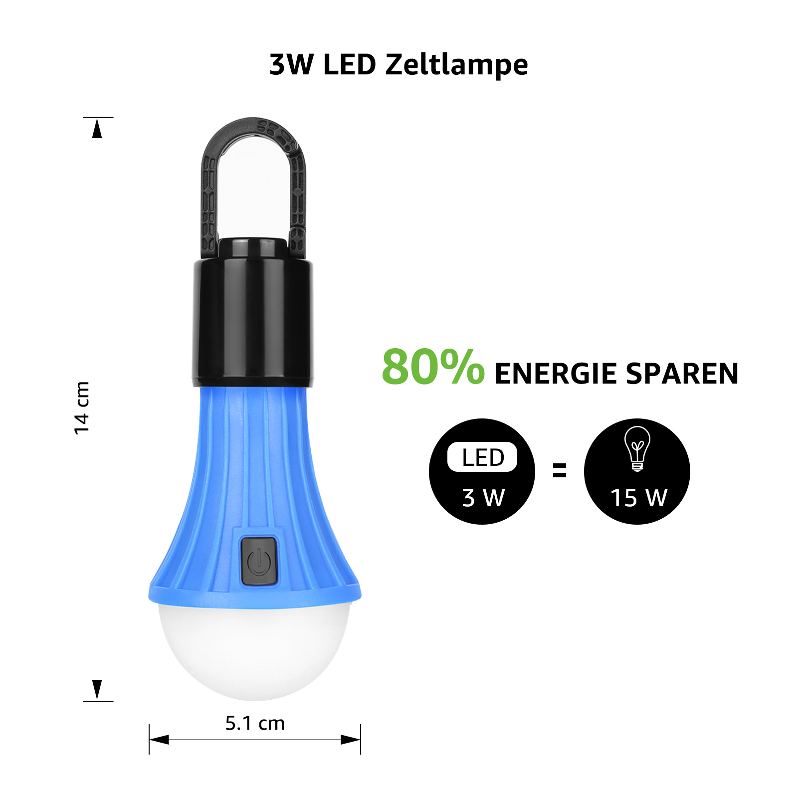Eine blaue LED-Zeltlampe mit Griff und Massenbezeichnung. Weisser Hintergrund.