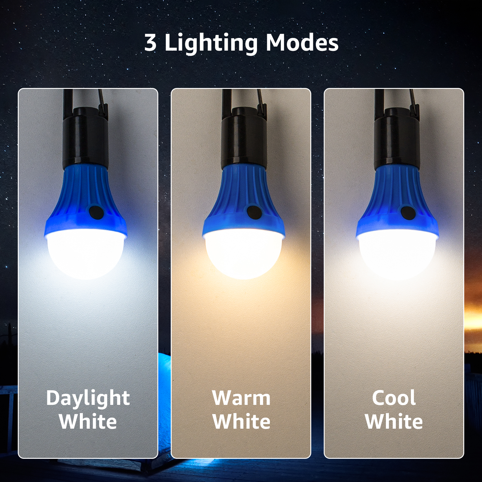 Drei Lampen mit verschiedenen Beleuchtungsmodi: Tageslicht, Warmweiß und Kaltweiß.