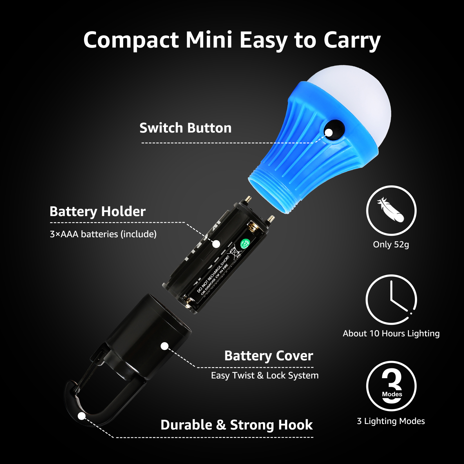 Blaue und weiße Campinglampe mit schwarzem Batteriefach und Haken. Text: 'Kompakt, Mini, Einfach zu tragen'.