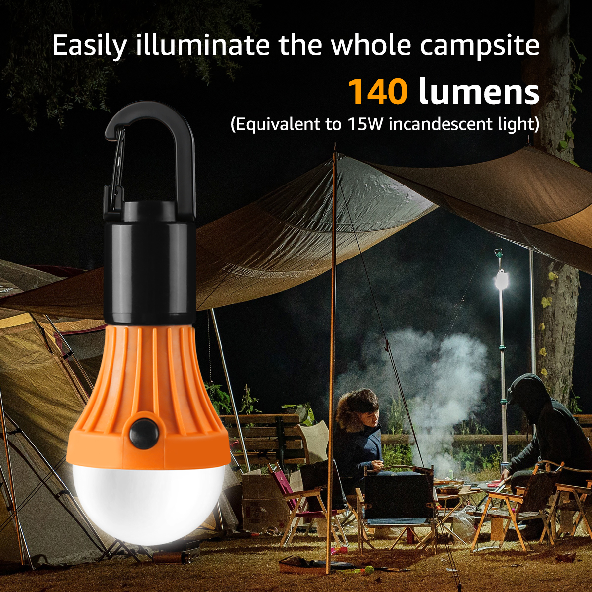 Eine Campinglampe hängt an einem schwarzen Haken. Text lautet 140 Lumen.