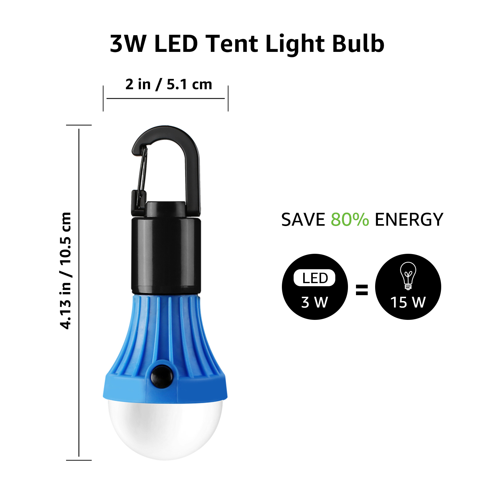 Blaue und schwarze LED-Zelt-Glühbirne mit Karabinerhaken. Sie hängt und hat Maße.