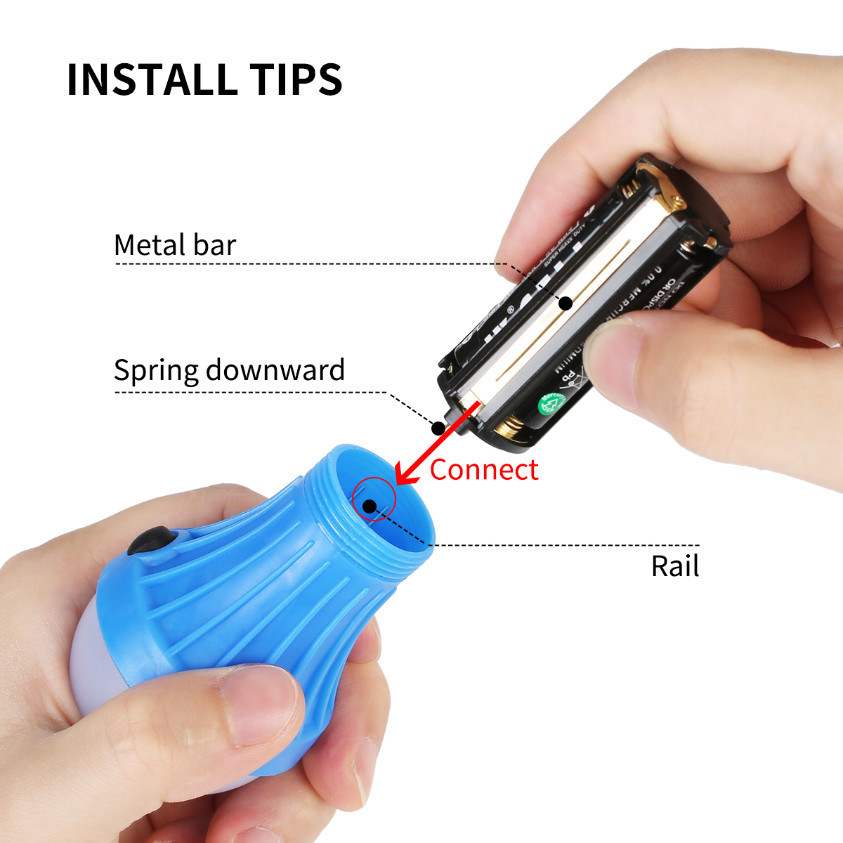 Anweisungen zum Einlegen von Batterien in eine blaue Taschenlampe, mit beschrifteten Teilen.