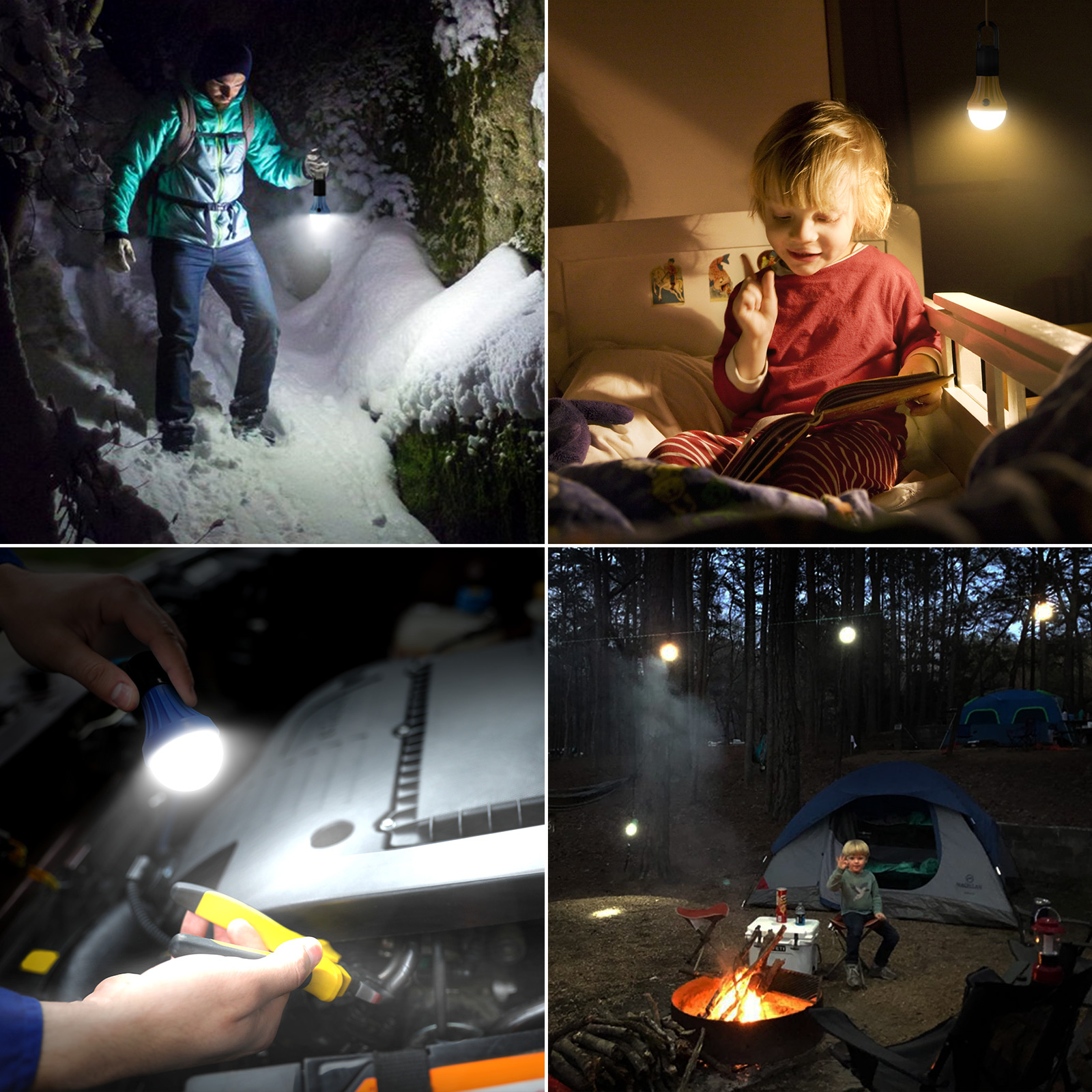 Vier Bilder, die die Verwendung einer Taschenlampe in verschiedenen Außen- und Innenbereichen zeigen.