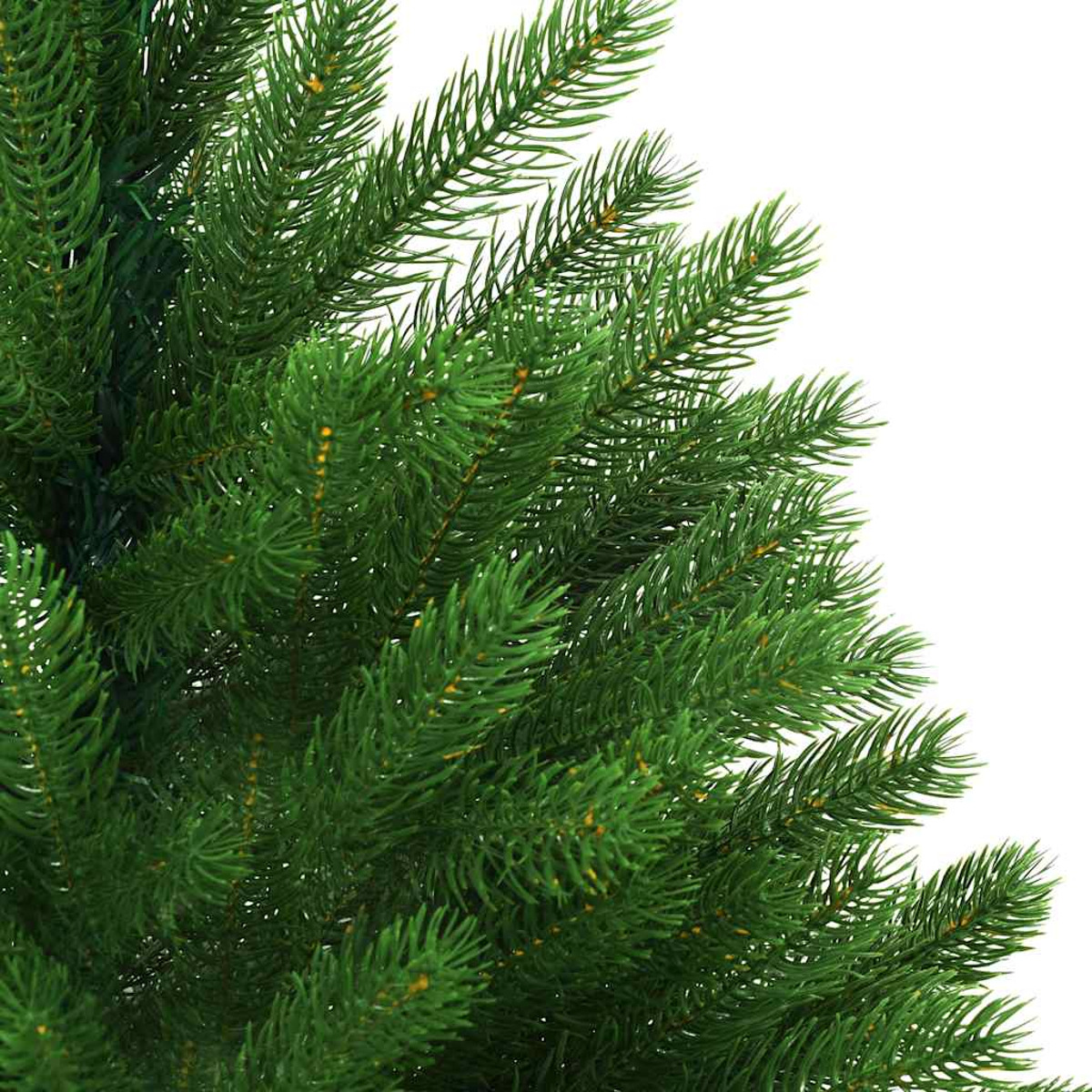 Nahaufnahme von grünen Weihnachtsbaumzweigen vor weißem Hintergrund.
