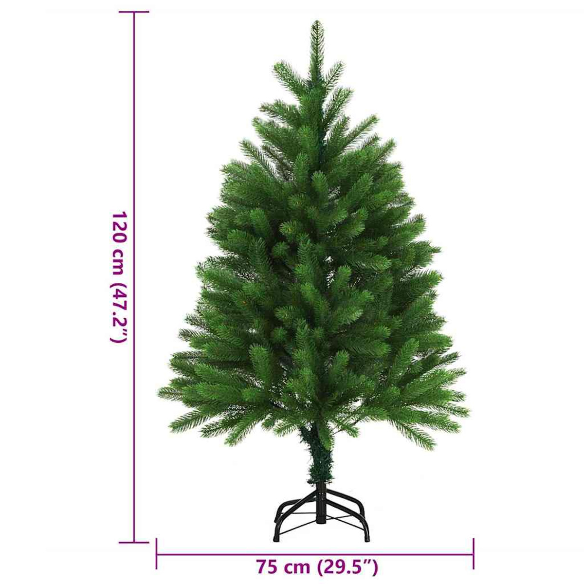 Grüner Weihnachtsbaum auf weißem Hintergrund, Maße: 120 cm hoch, 75 cm breit. Messbeschriftungen.