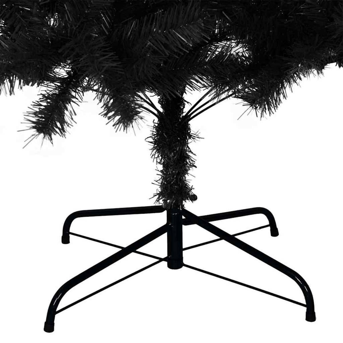Nahaufnahme eines schwarzen Weihnachtsbaumständers mit schwarzen Ästen.