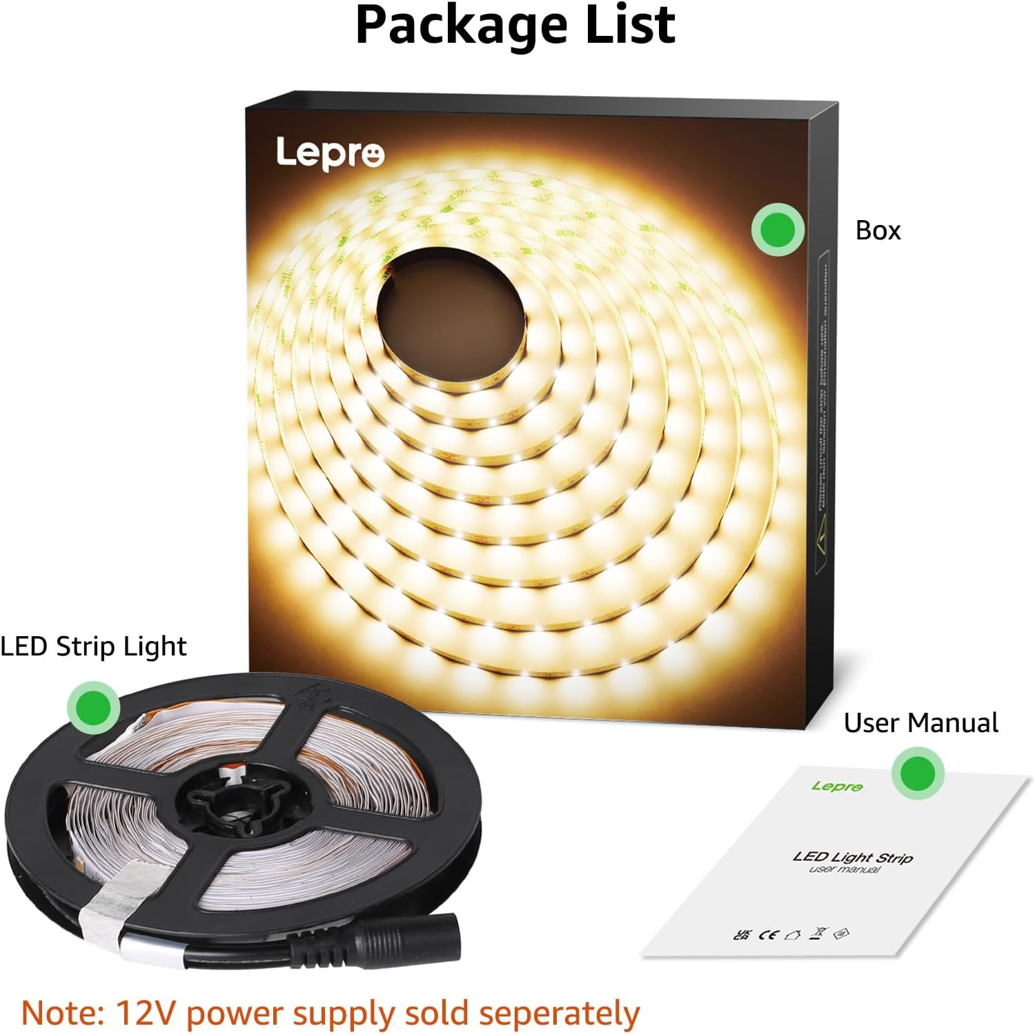Packungsinhalt: LED-Lichtband, Karton und Bedienungsanleitung. Das Licht befindet sich auf einer schwarzen Rolle. Box ist braun.