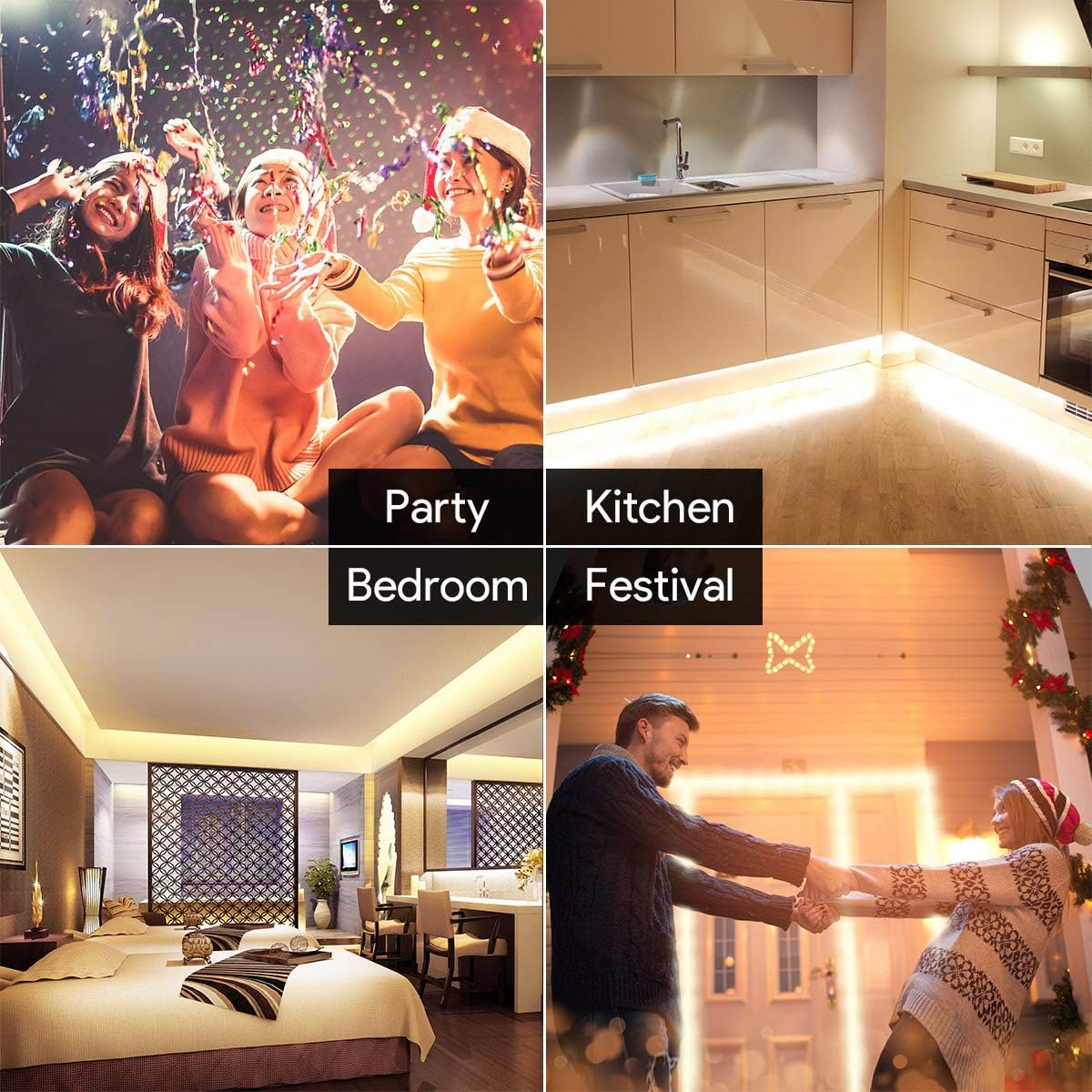 Vier Szenen: Party, Küche, Schlafzimmer und ein Paar, das sich vor einem Haus mit Lichtern an den Händen hält.