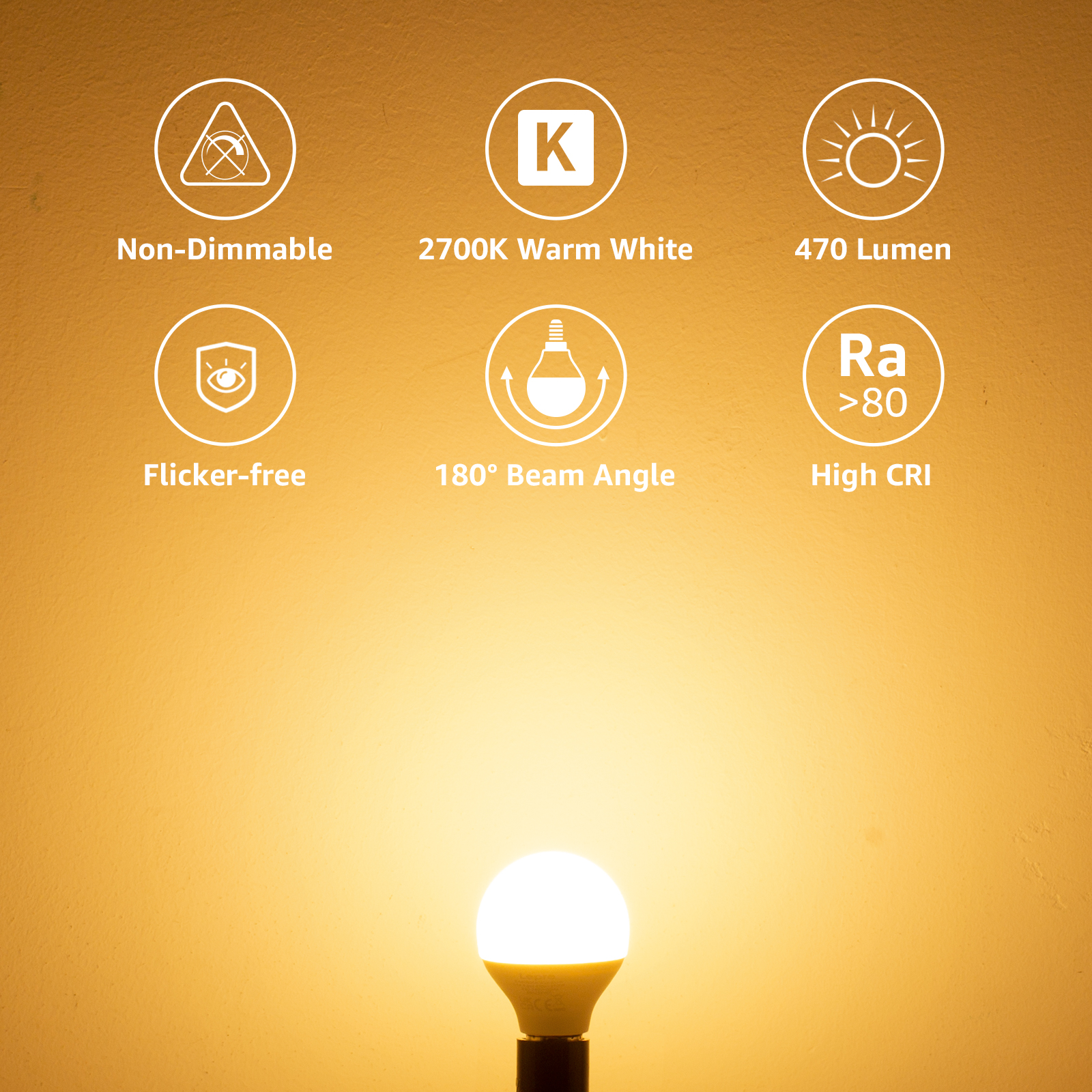Una lampadina con testo che descrive le sue caratteristiche, tra cui non dimmerabile e bianco caldo 2700K.