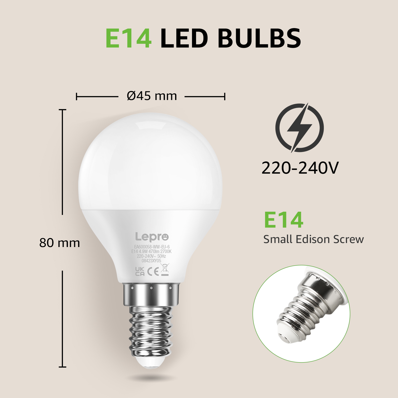 Una lampadina LED E14 con dimensioni e specifiche, su sfondo verde chiaro.