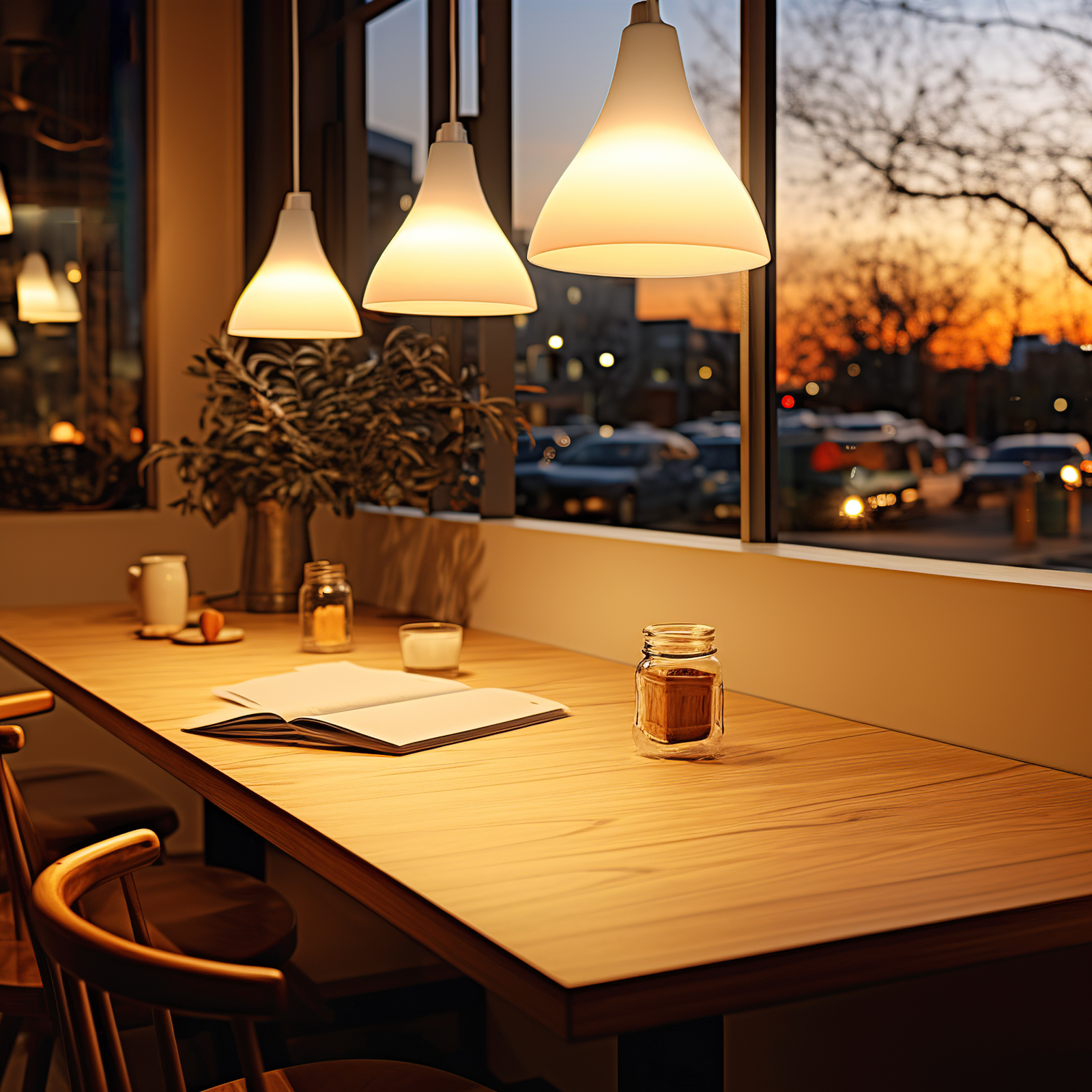 Interno di un caffè accogliente con tre lampade a sospensione sopra un bancone in legno. Tramonto fuori.