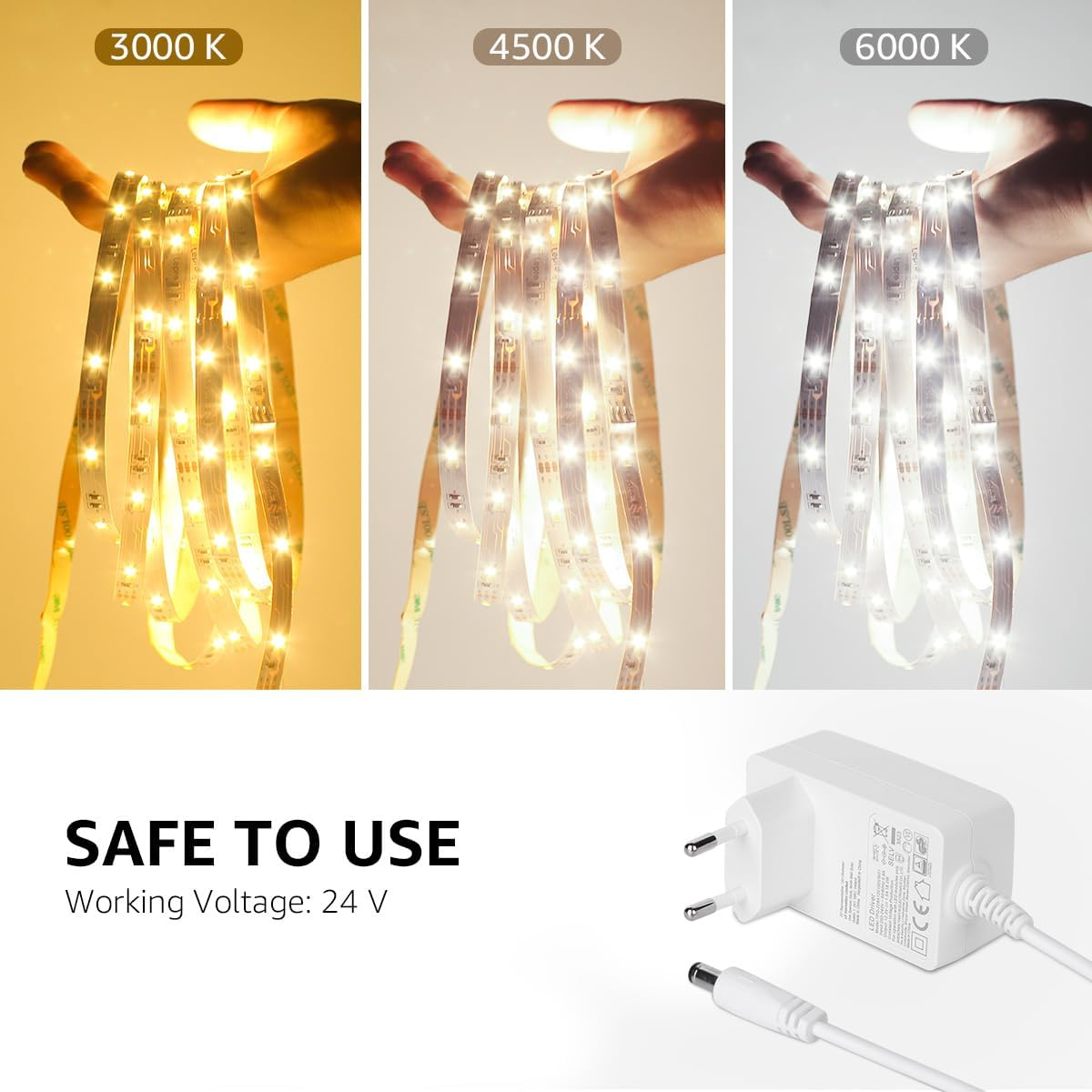Drei LED-Lichtstreifen, die unterschiedliche Farbtemperaturen ausstrahlen, mit einem Netzteil.