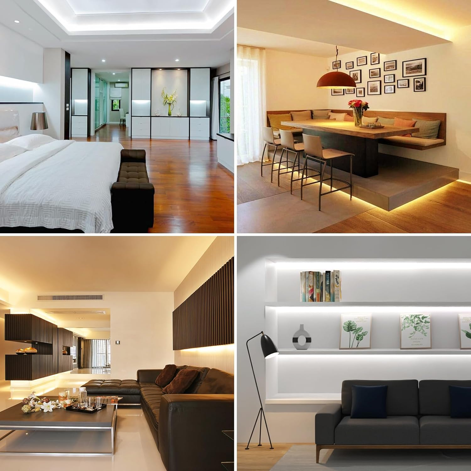 Vier Bilder von modernem Innendesign mit unterschiedlicher Beleuchtung und Einrichtung.