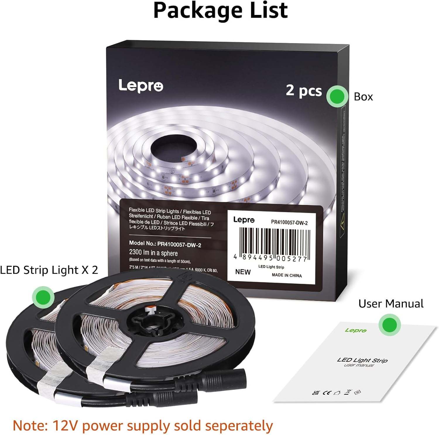 Eine Box mit LED-Streifen, zwei Rollen Lichter und eine Bedienungsanleitung. Mit der Aufschrift 'Paketliste'.