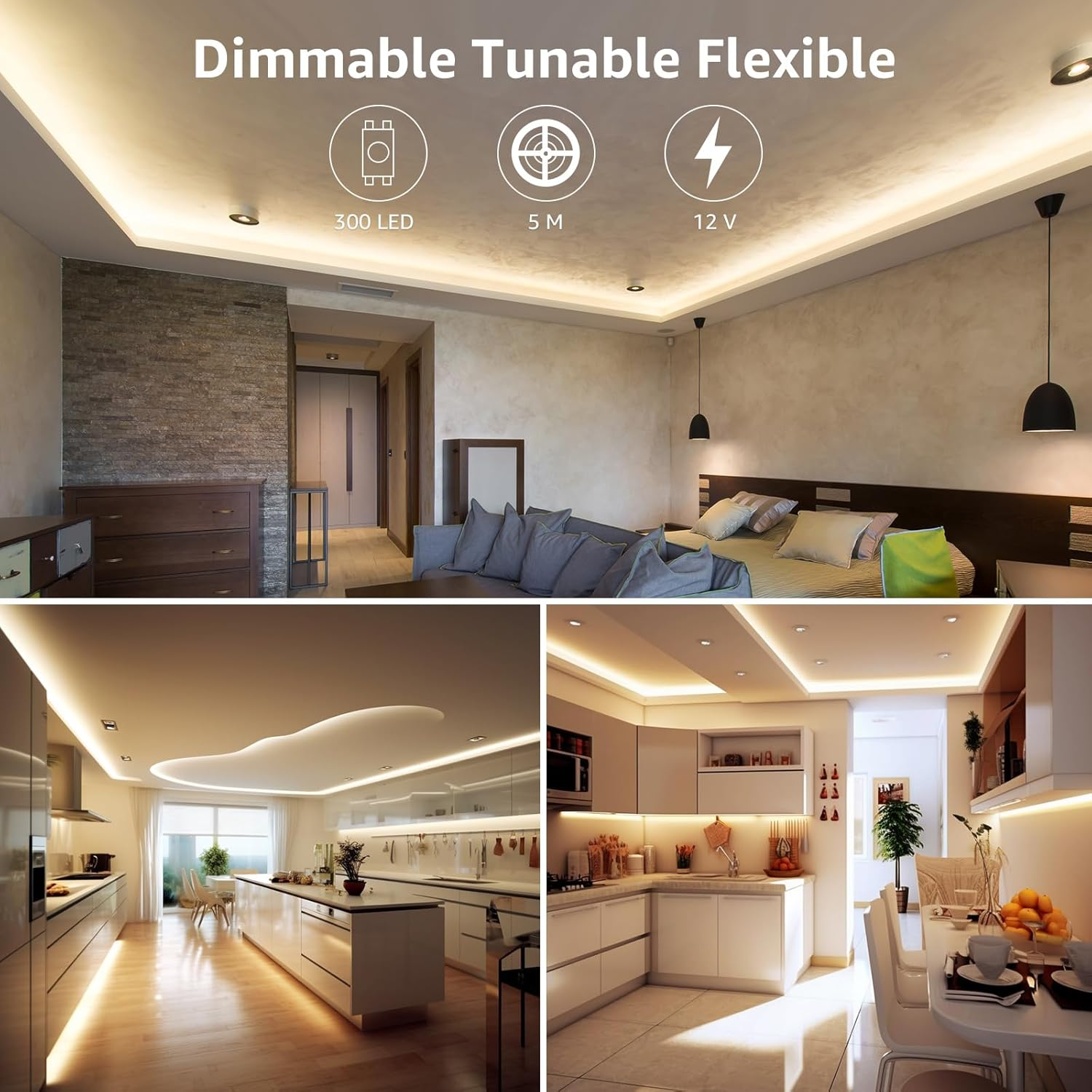 Drei Bilder, die LED-Streifenlichter in verschiedenen Innenräumen zeigen, wie Küche und Wohnzimmer.