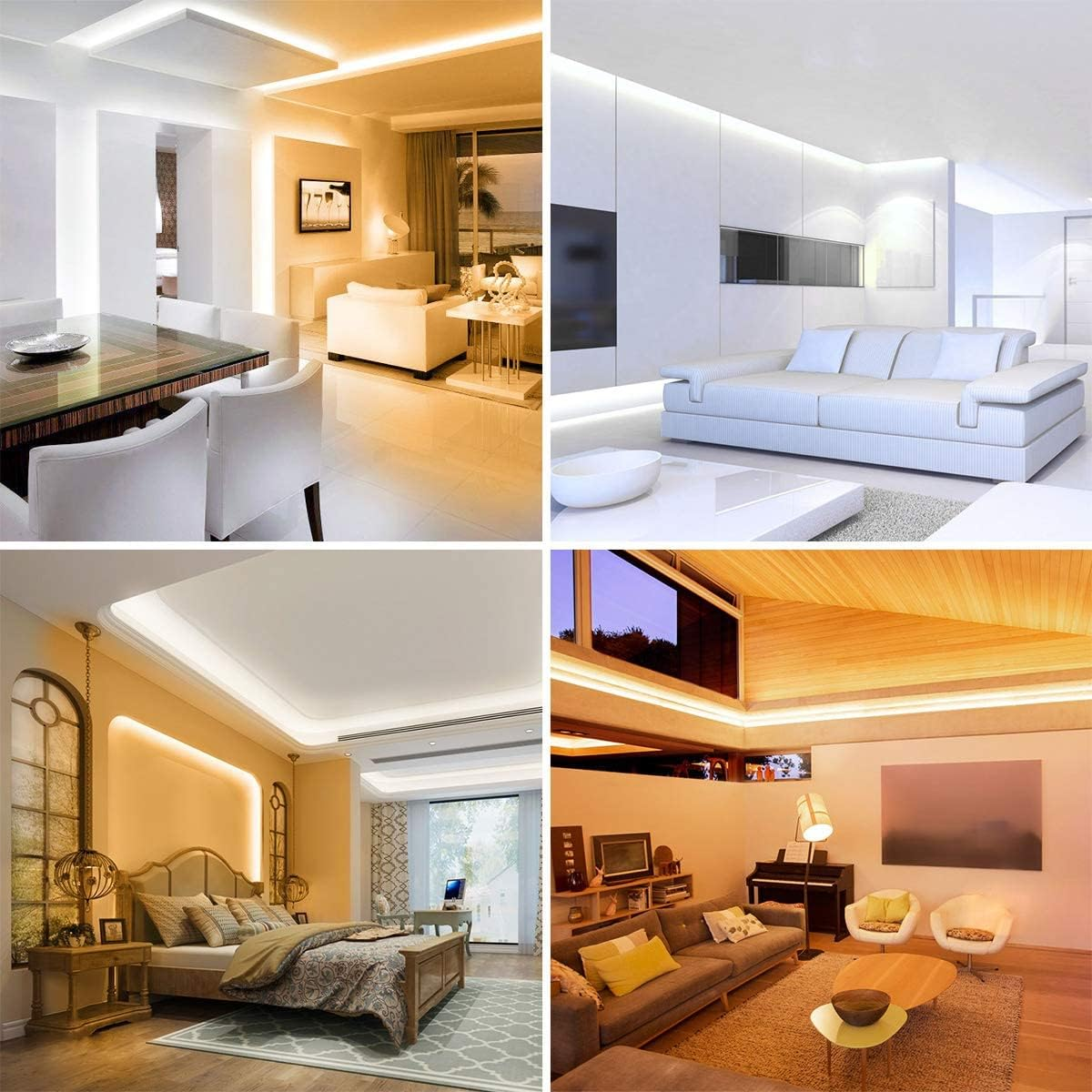 Vier Bilder von Räumen mit LED-Beleuchtung. Beinhaltet ein Schlafzimmer und ein Wohnzimmer.