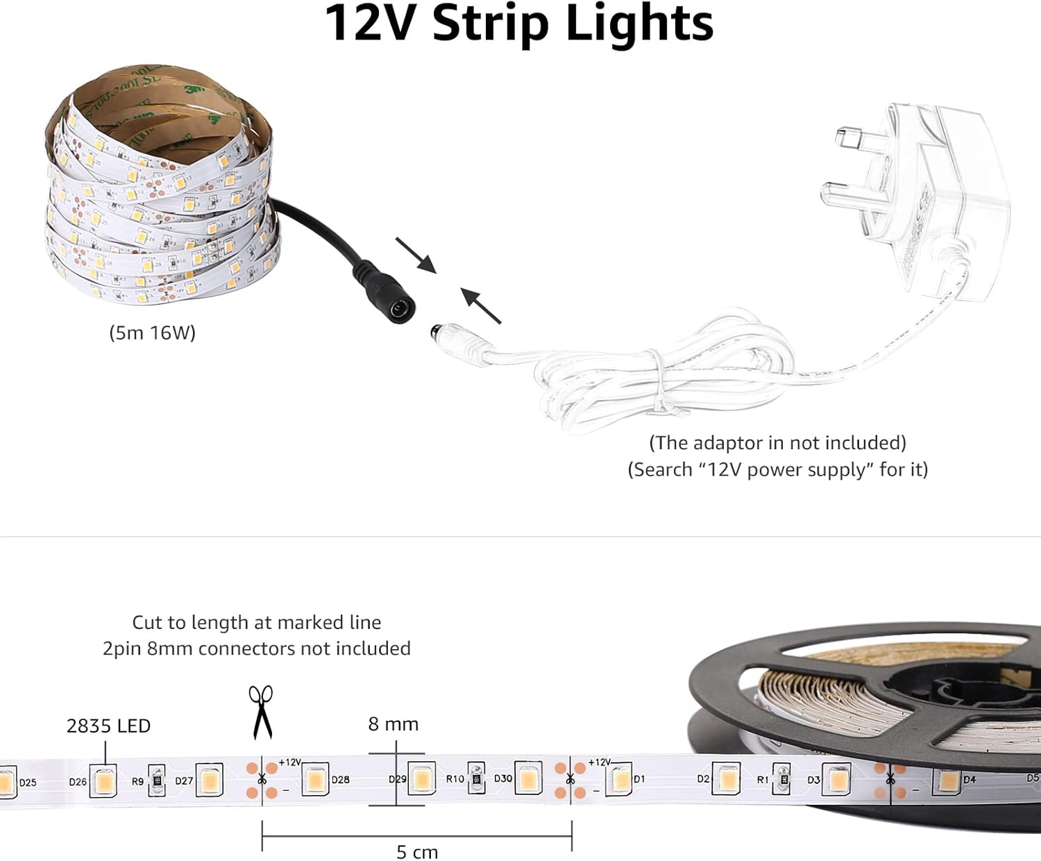 Rolle mit LED-Streifenlichtern mit Netzteil und Stecker sowie einer Zuschnittanleitung.