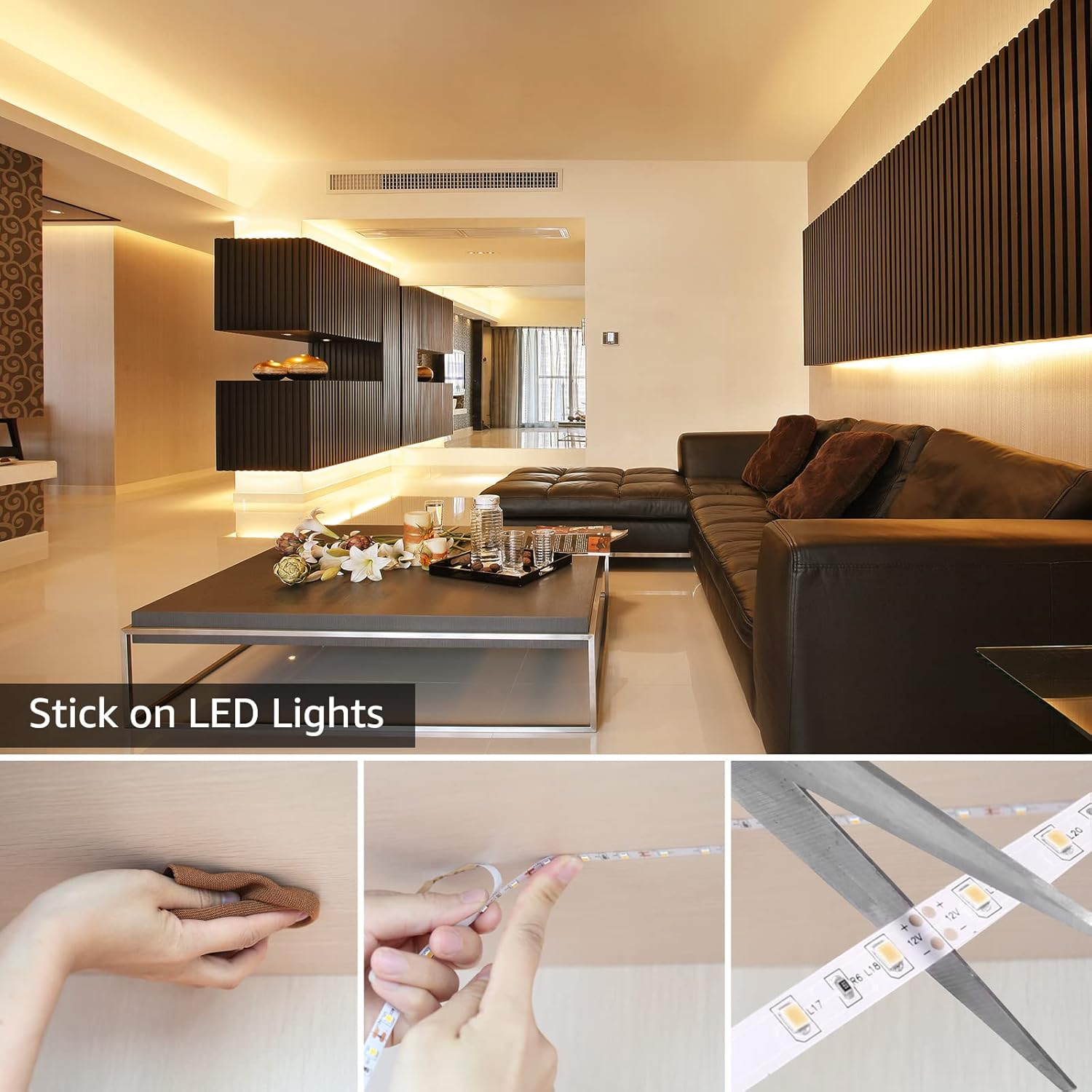 Modernes Wohnzimmer mit LED-Streifen-Lichtinstallation. Beinhaltet Nahaufnahmen der Anwendung auf Holz.