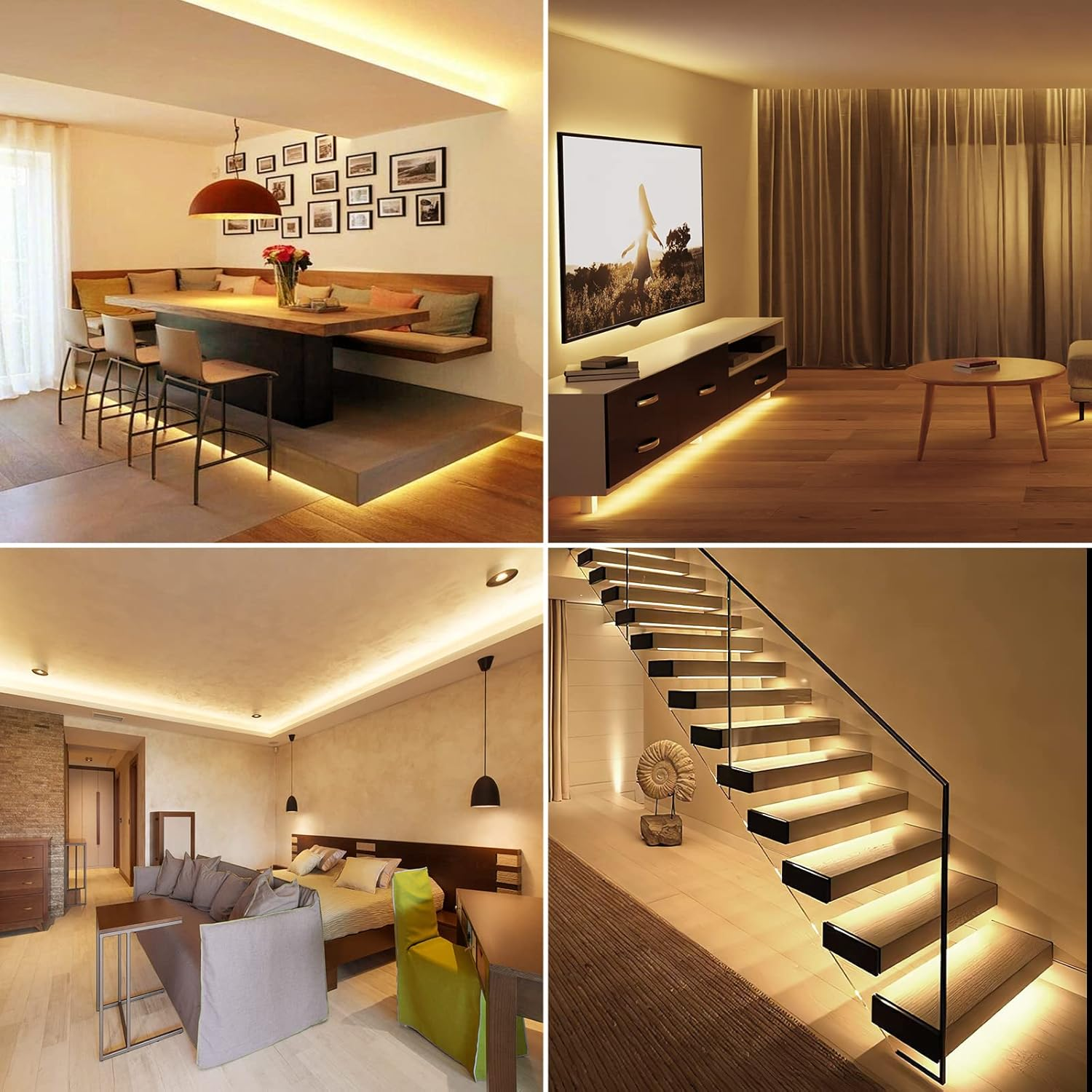 Vier Bilder von Räumen mit LED-Streifenbeleuchtung. Enthält einen Essbereich, ein Wohnzimmer, ein Schlafzimmer und Treppen.