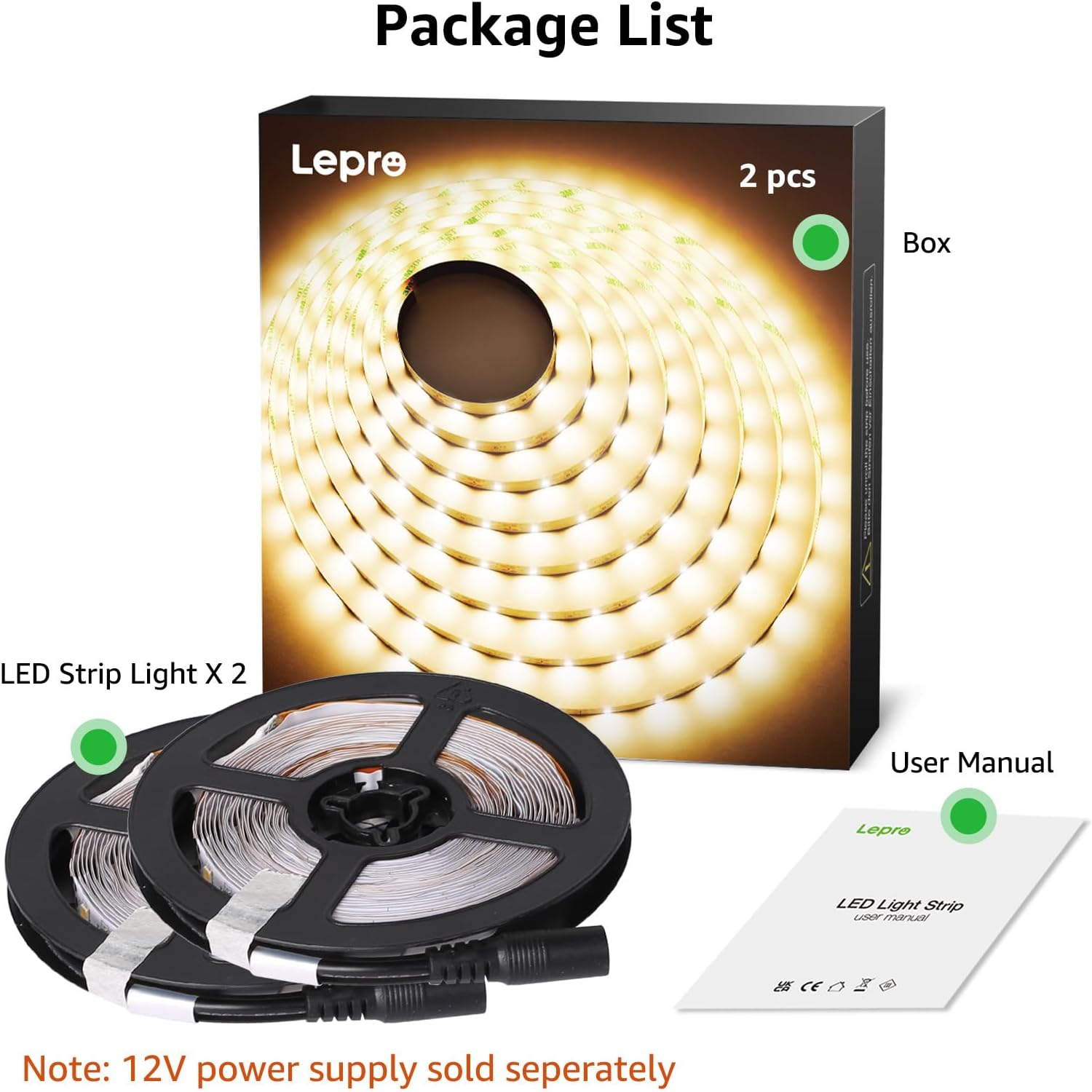 Verpackung von LED-Streifenlichtern, mit zwei Rollen Lichtern und einer Bedienungsanleitung. Die Box hat Etiketten.