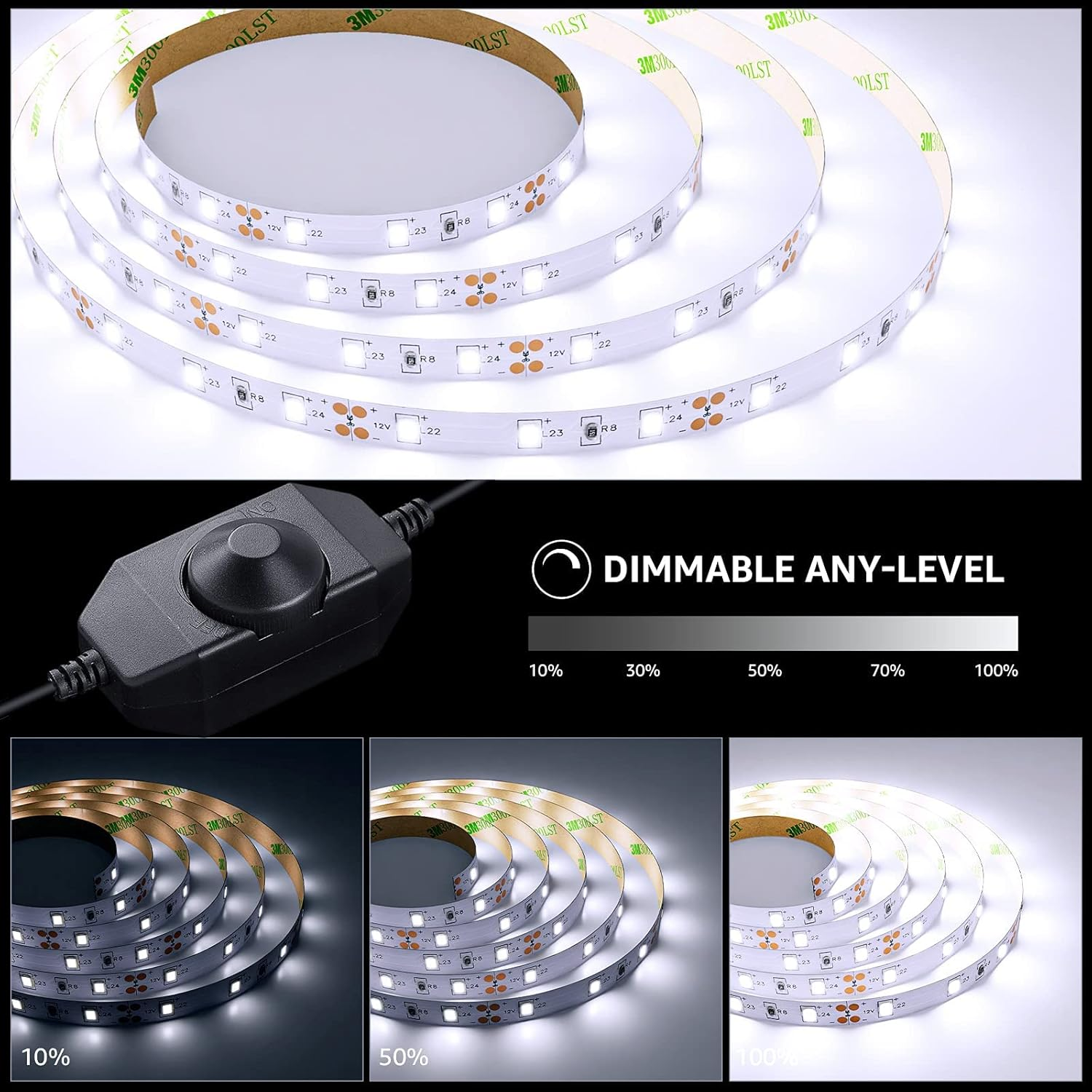 Weiße LED-Streifenlichter mit Dimmschalter und Beispielen für Helligkeitsstufen.