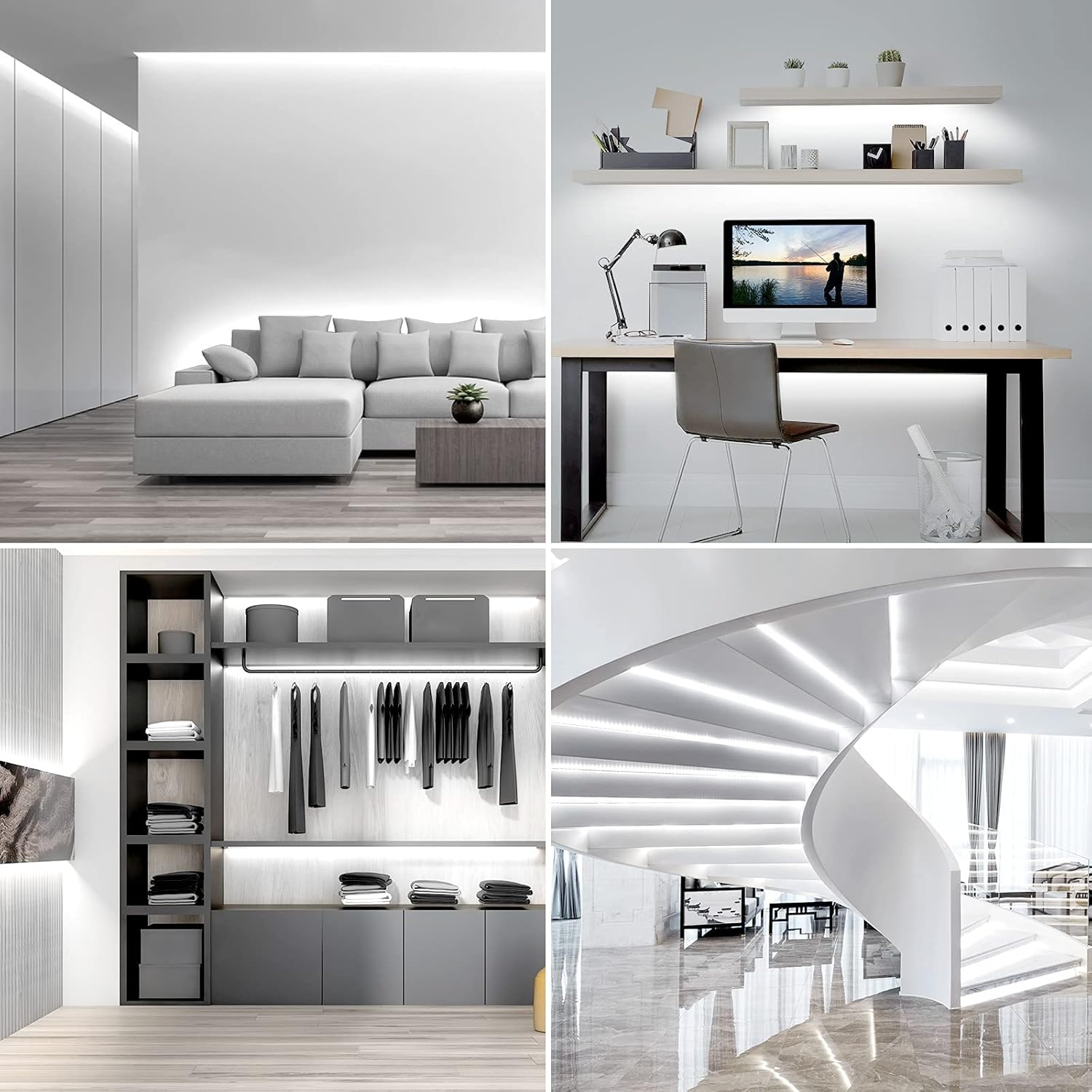 Vier Bilder von modernen Innenräumen mit LED-Beleuchtung. Beinhaltet Wohnzimmer, Homeoffice und Treppe.