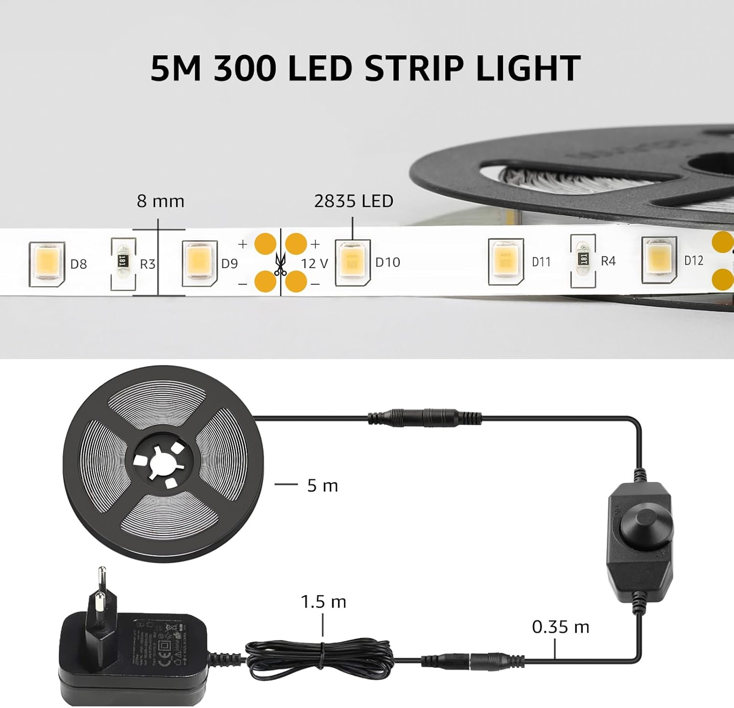 5M LED-Streifenlicht mit Anschlüssen, Netzteil und Controller.