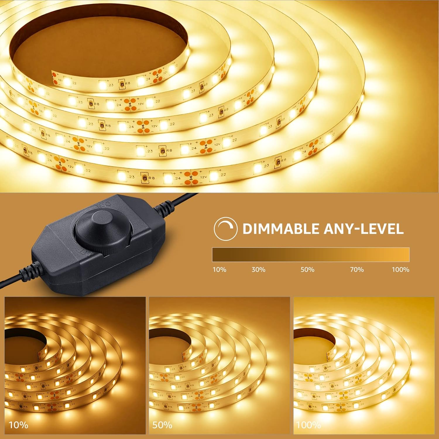 LED-Streifen in einer Rolle, mit Dimmereinstellungen und verschiedenen Lichtstärken.