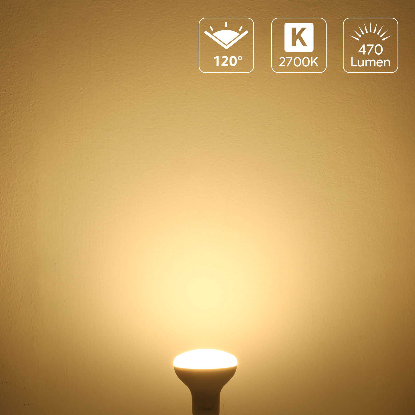 Una lampadina luminosa è accesa, di fronte a un muro beige chiaro. Ci sono tre icone sopra.