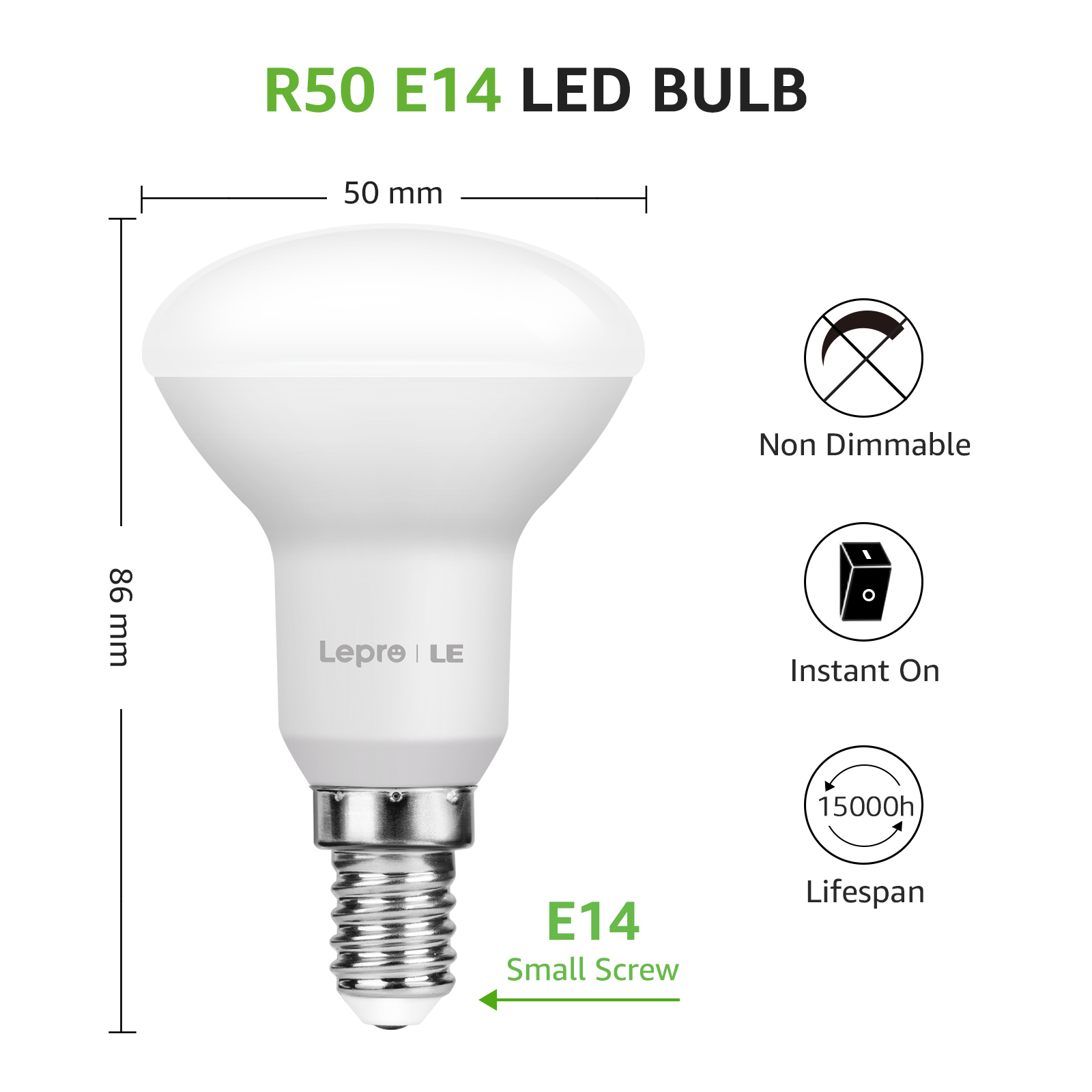 Una lampadina LED R50 E14, con dimensioni e specifiche. Lampadina bianca con attacco a vite.