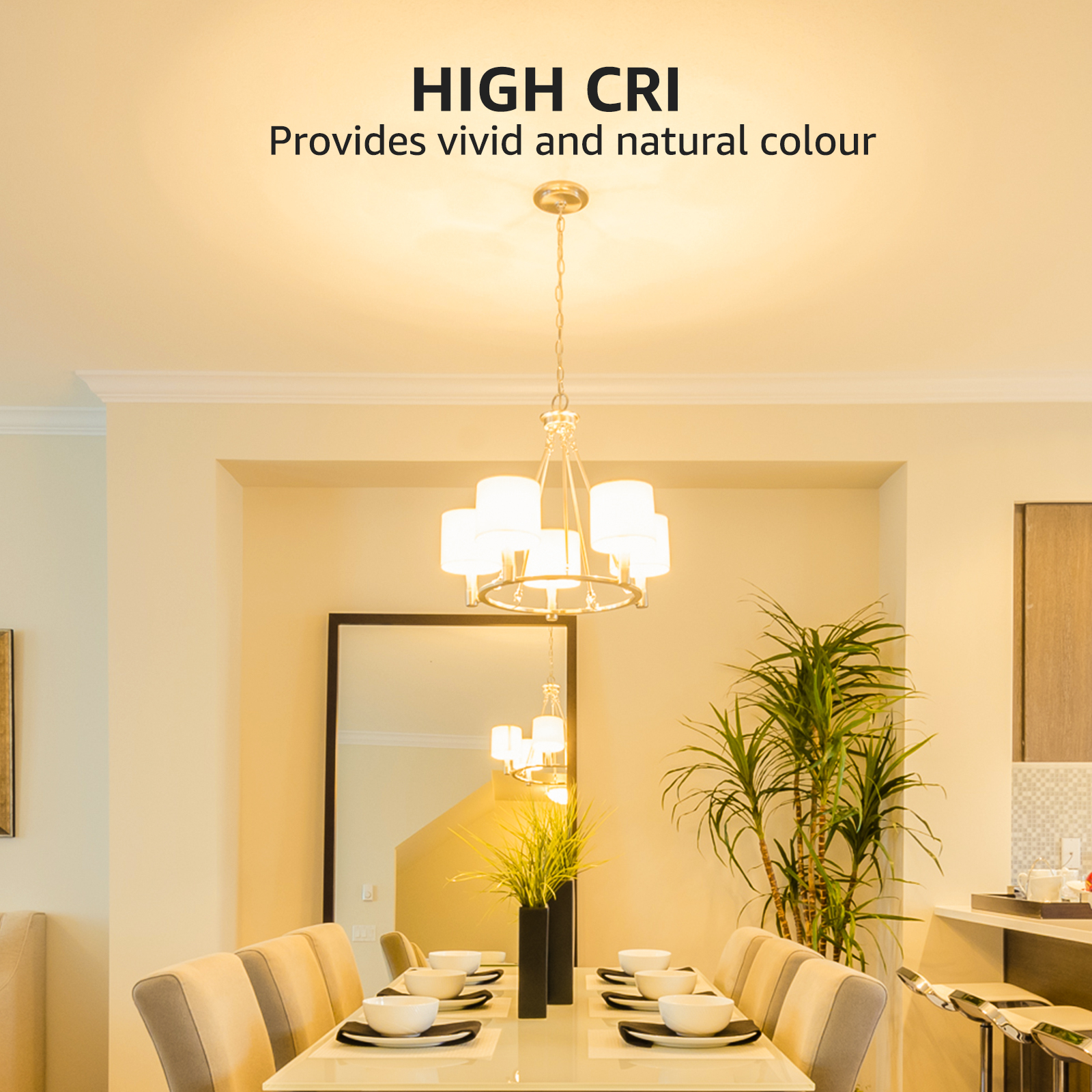 Sala da pranzo con lampadario, tavolo, sedie e pianta. Le pareti sono beige chiaro.