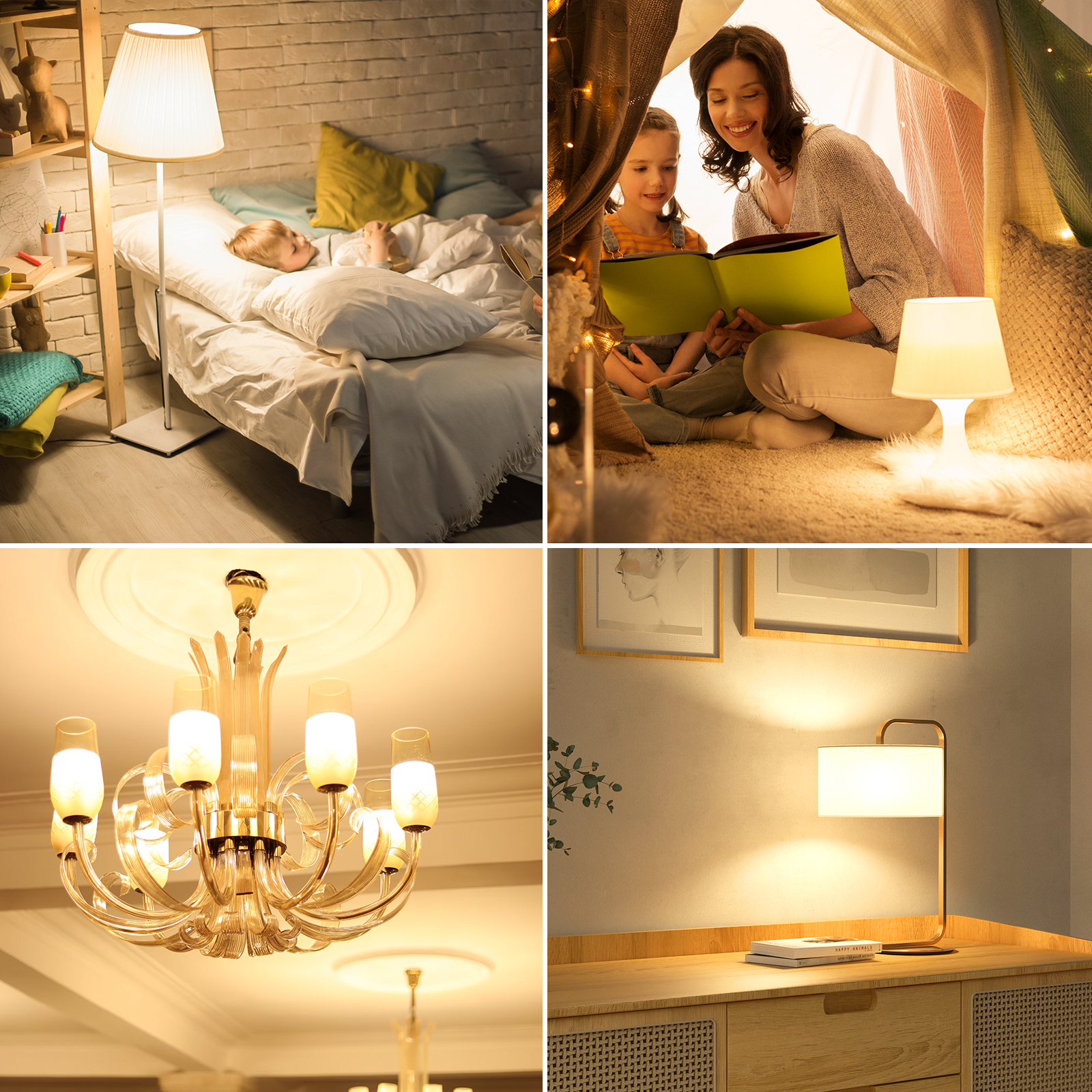 Quattro immagini che mostrano diversi scenari di illuminazione, con una lampada, un lampadario e luci di lettura.