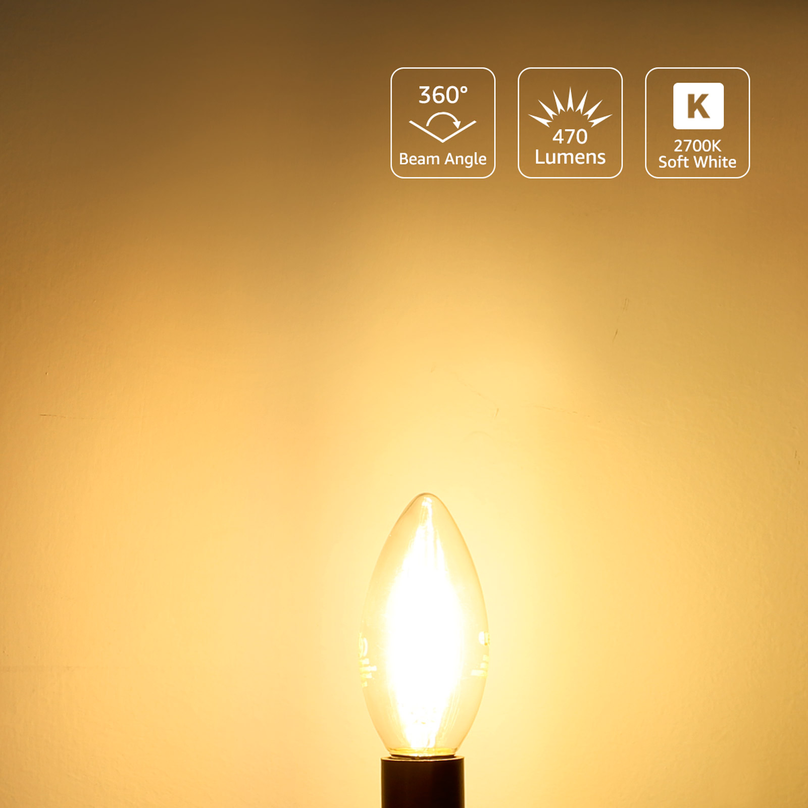 Eine beleuchtete, gelbe Glühbirne in einer Fassung mit Symbolen für Abstrahlwinkel, Lumen und Farbtemperatur.