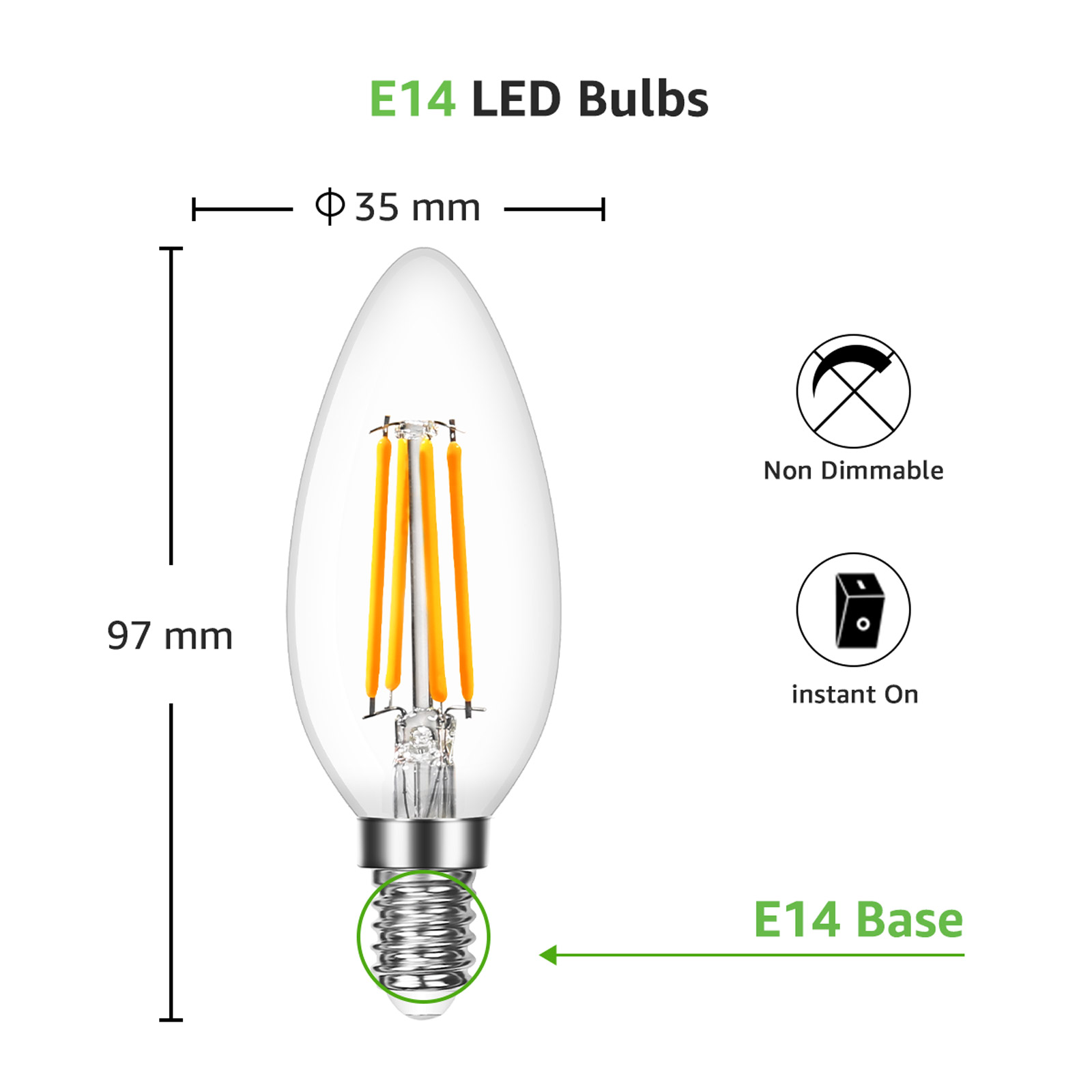 Eine klare LED-Glühbirne mit Abmessungen und einem nicht dimmbaren Symbol. Weißer Hintergrund.