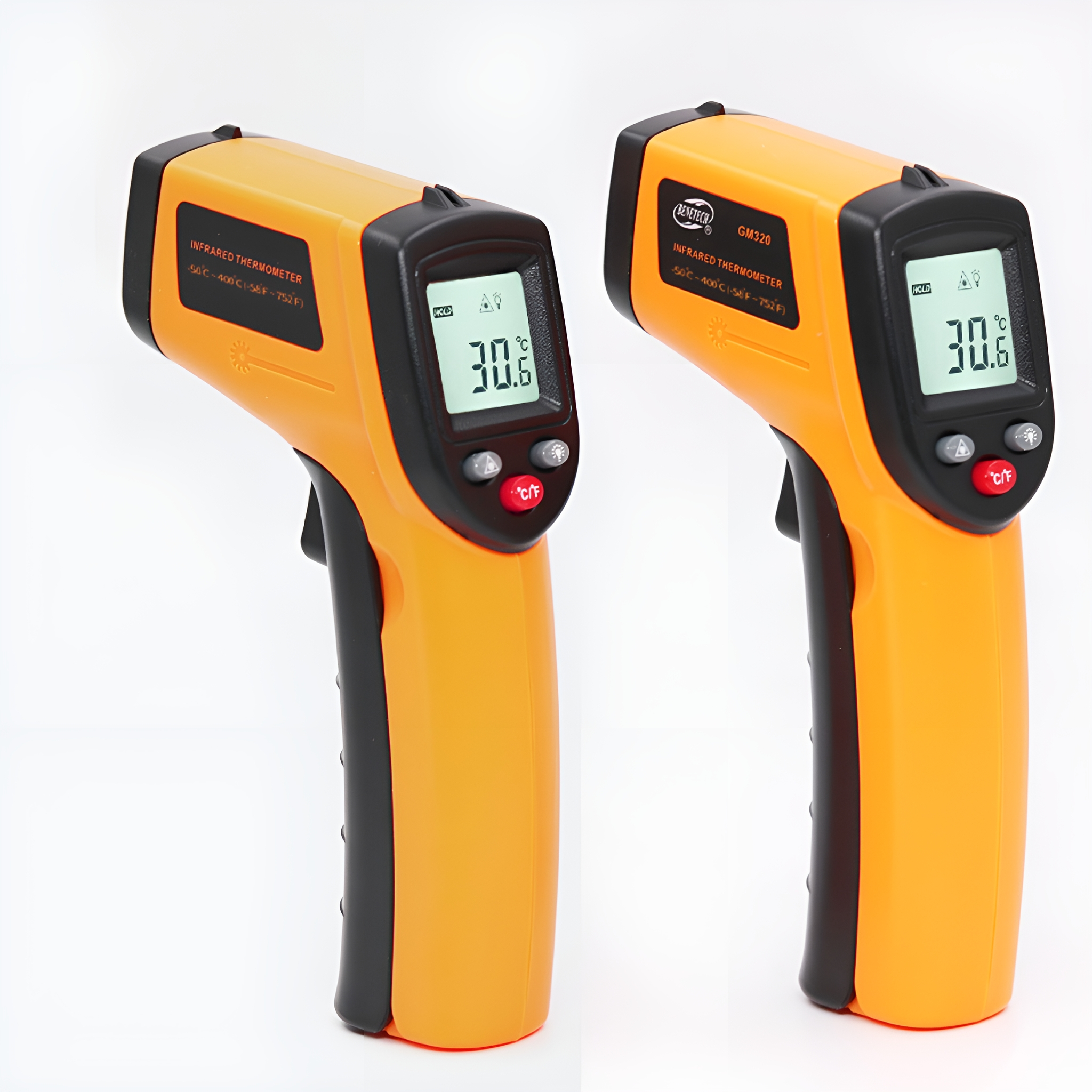 Zwei orangefarbene Infrarot-Thermometer mit Digitalanzeigen, die 30,6 Grad anzeigen.