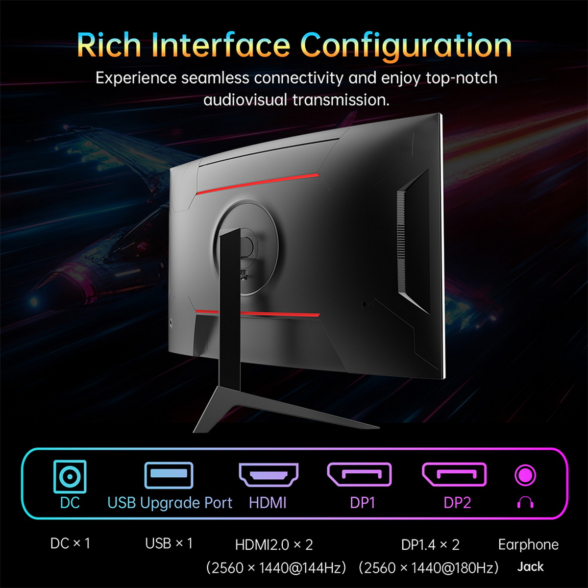 Rückseite eines schwarzen Monitors mit beschrifteten Anschlüssen unten. Rote Akzente heben das Design hervor.