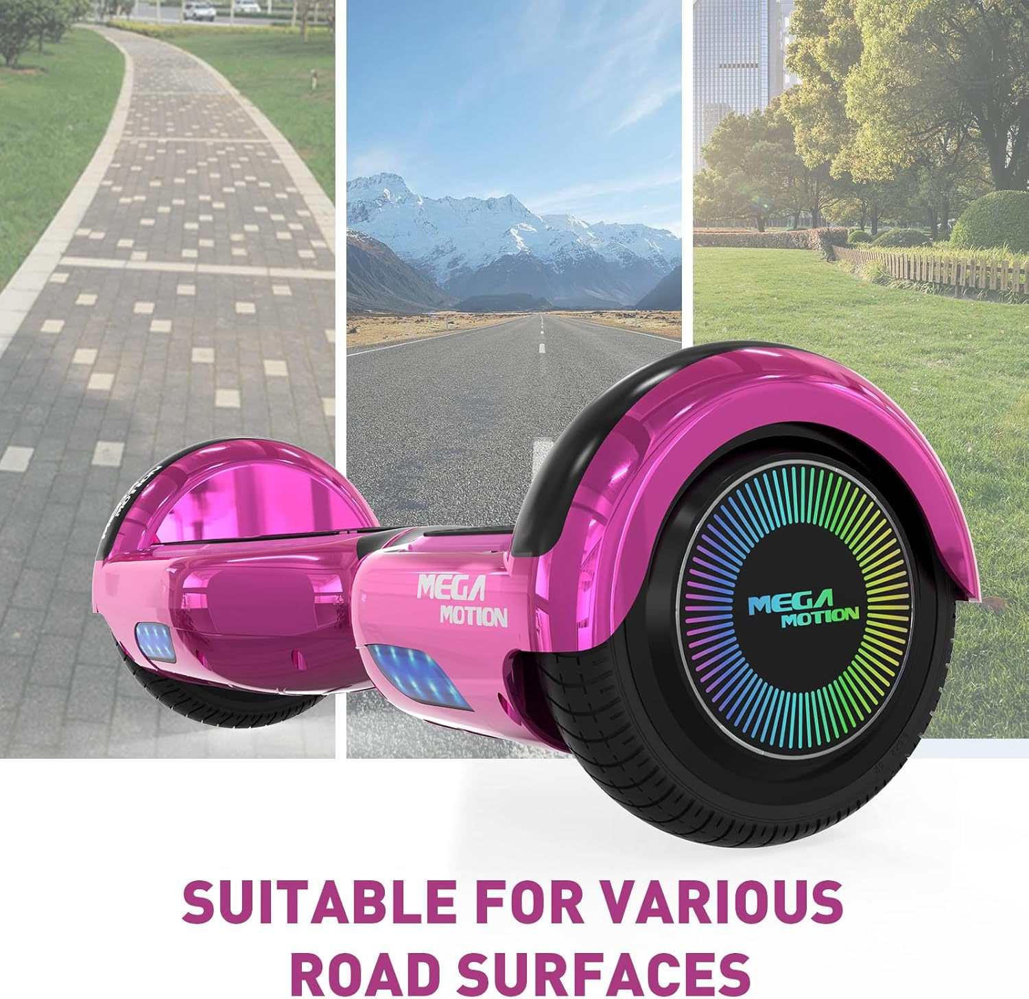 Różowa deskorolka z tłem miasta i gór.