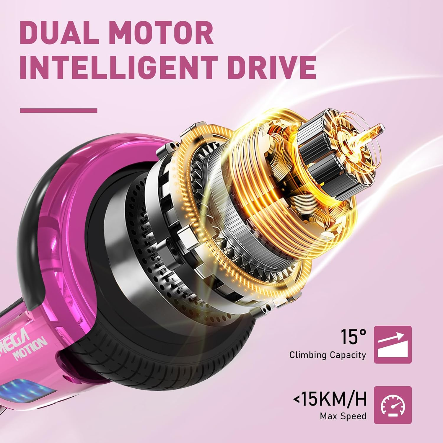Różowa i czarna hulajnoga elektryczna z podwójnym silnikiem, pokazująca części silnika i prędkość.