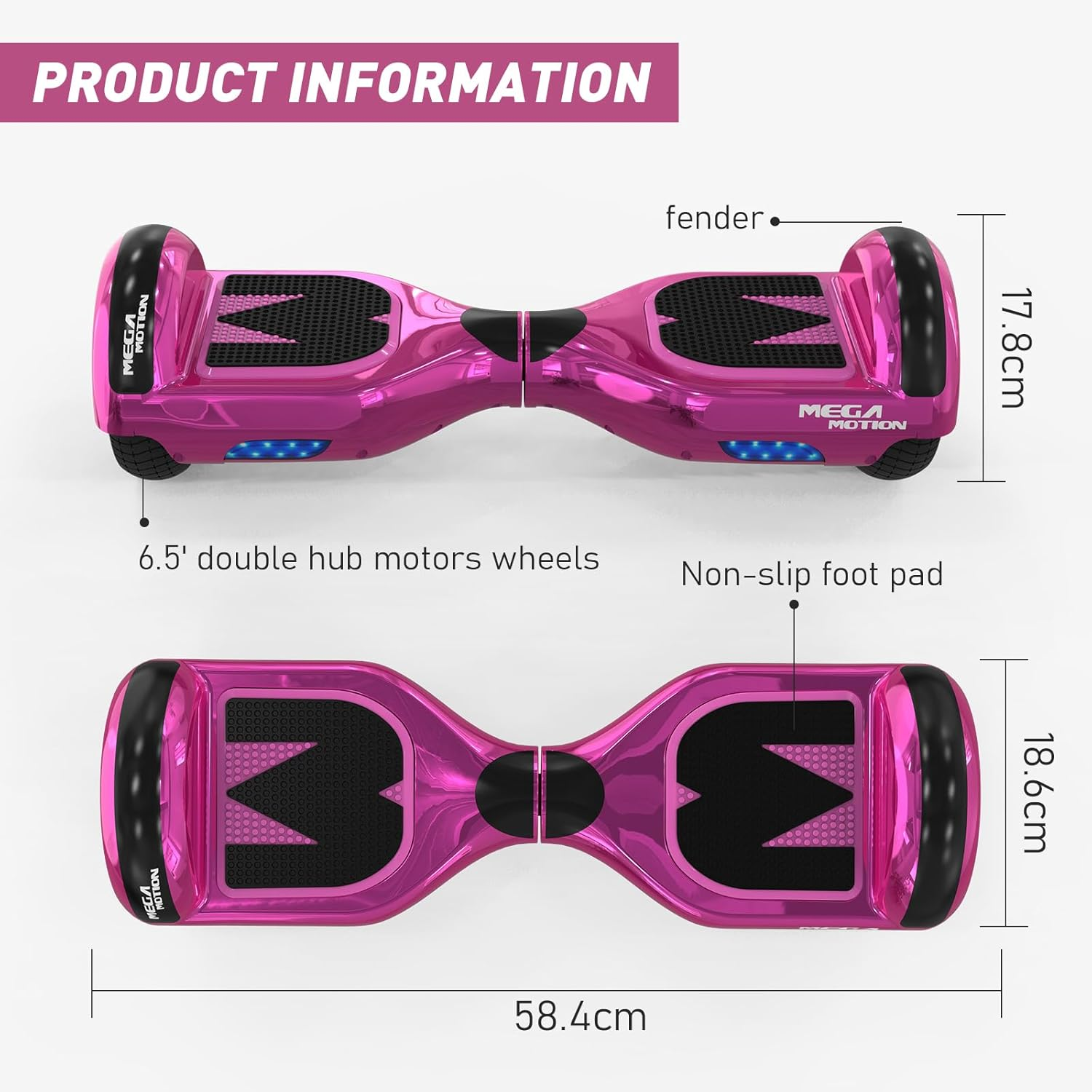 Różowa deskorolka elektryczna z czarnymi akcentami i nazwą 
