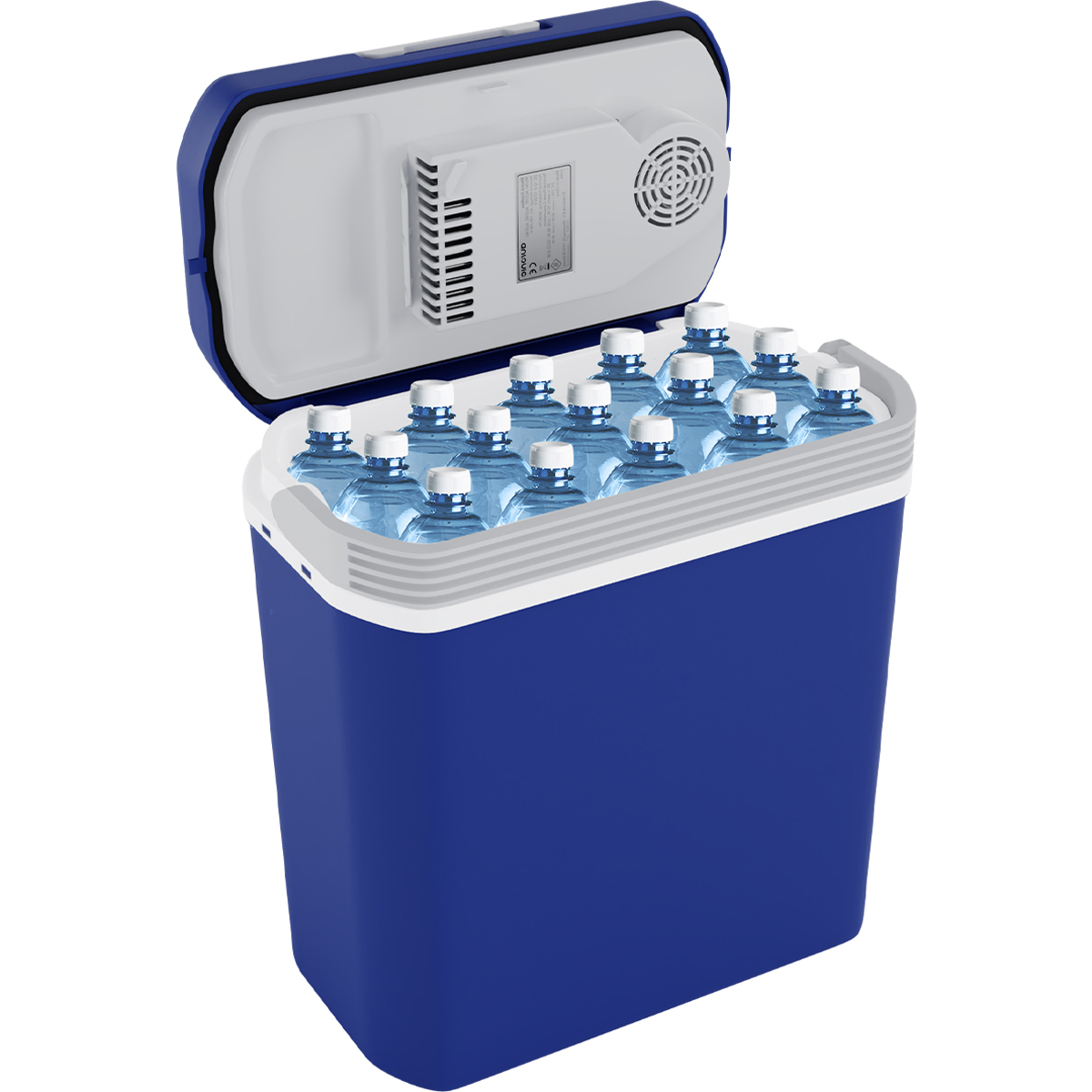 Een blauwe koelbox met flessen water erin. Het deksel is open.