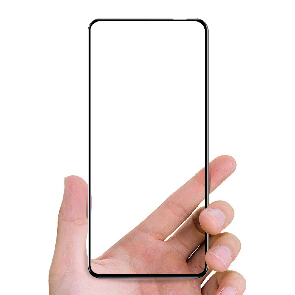 Mano che tiene un telefono con una protezione per lo schermo applicata. Lo schermo è trasparente.