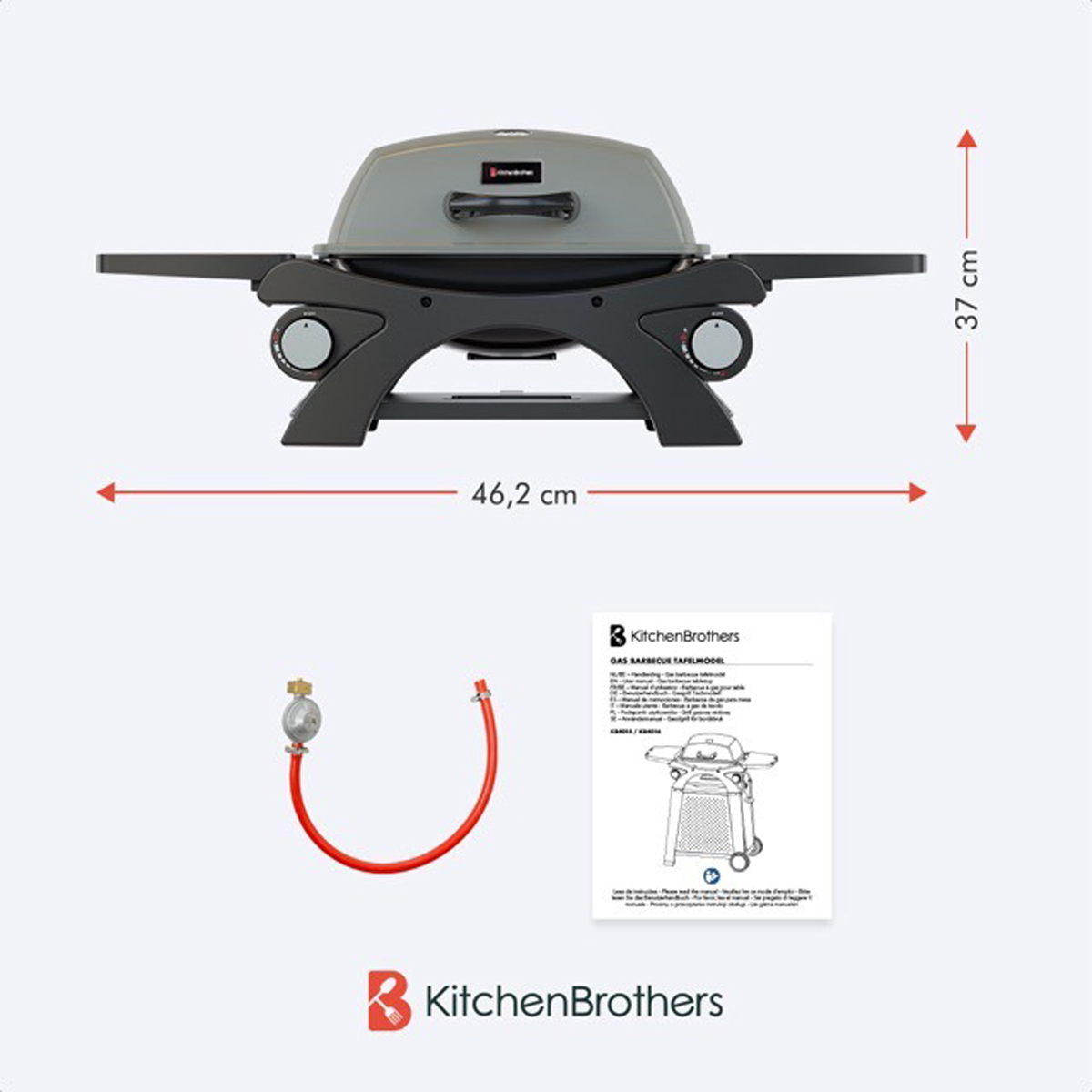 Petit barbecue à gaz avec un tuyau rouge et une brochure. Il est sur une surface blanche.