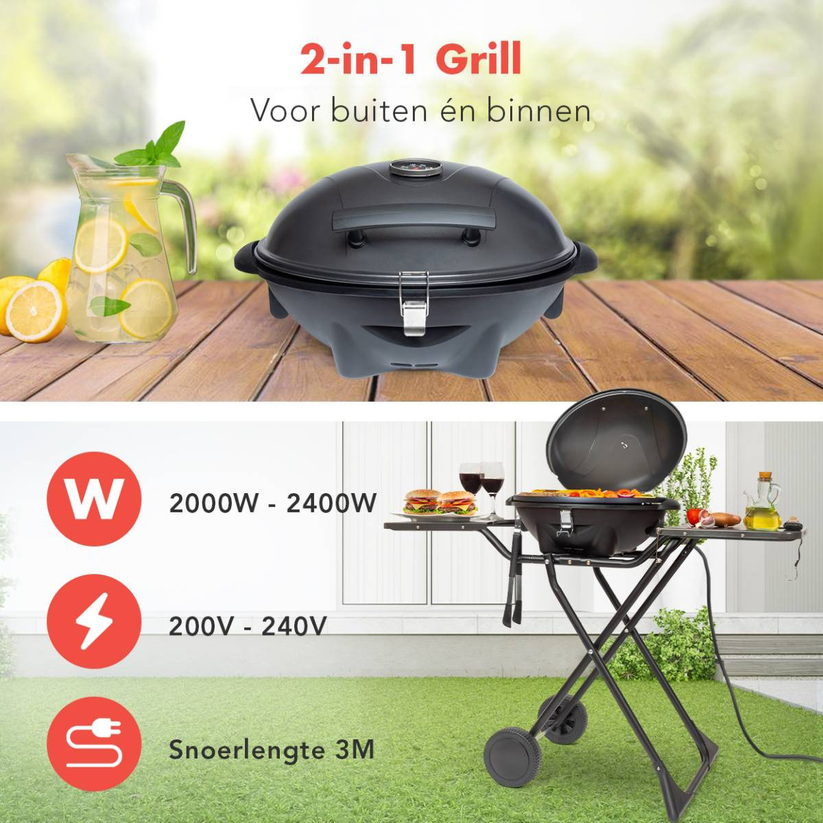 A black grill with a folding side table, with food and drinks, showing power info.