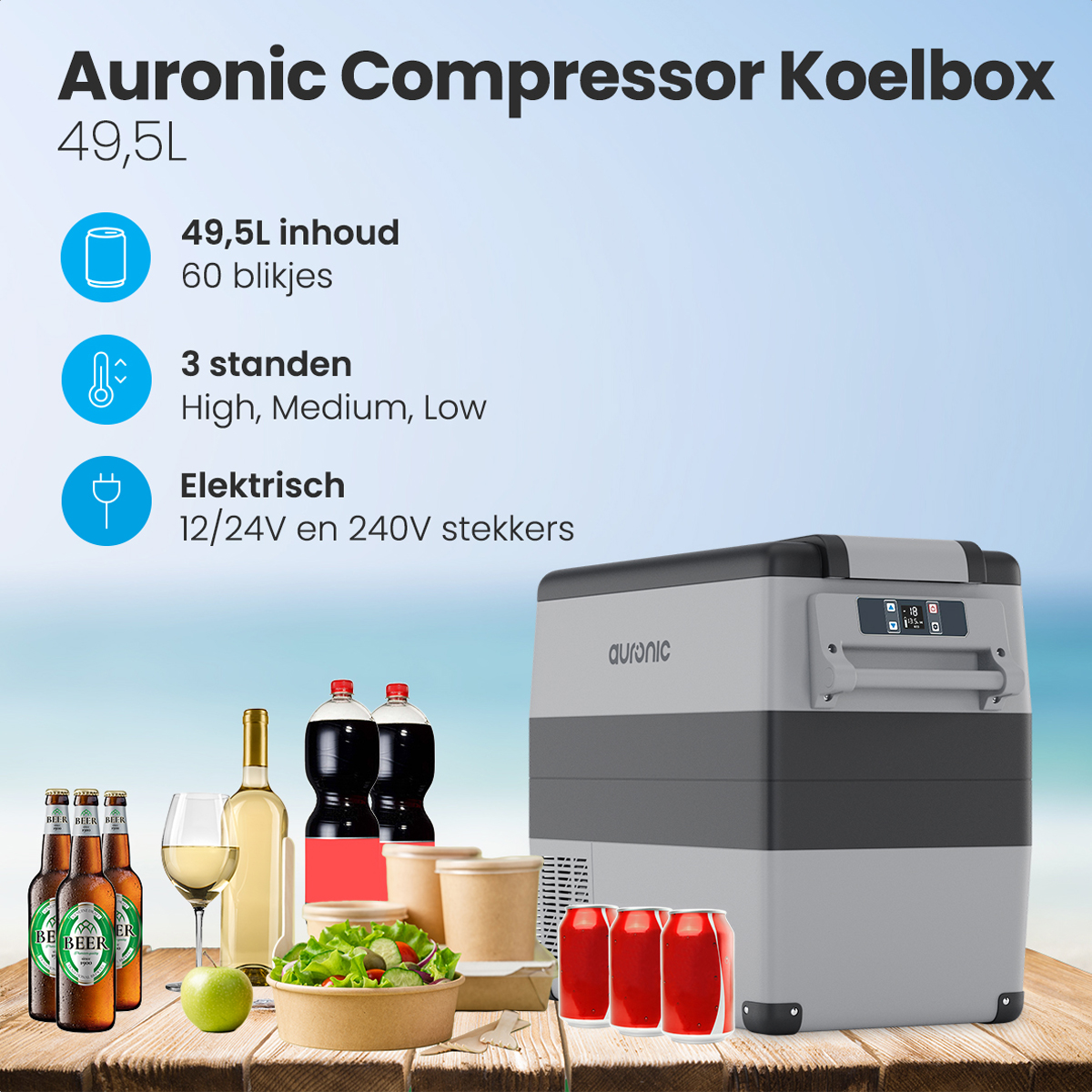 Een koelbox met items: drankjes, eten en een display. De tekst is in het Nederlands.