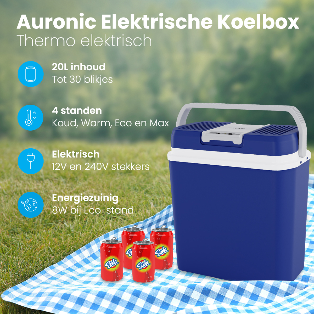 Blauwe koelbox met tekst en blikjes op een geruite deken op wit.