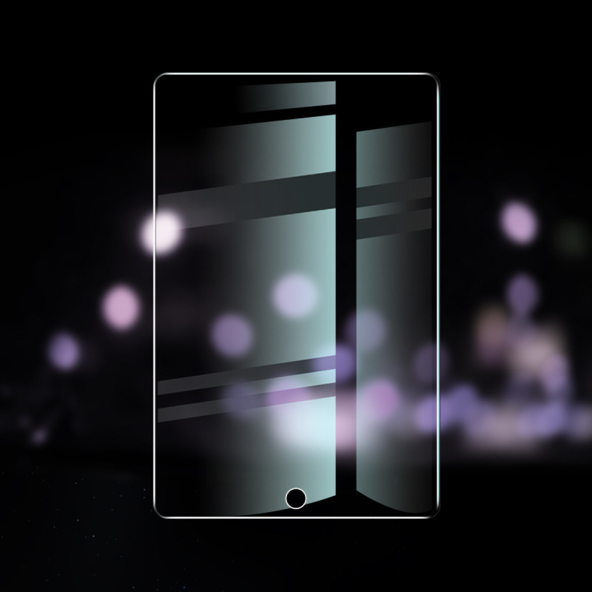 Een glazen schermbeschermer. De achtergrond is wazig met een bokeh-effect.