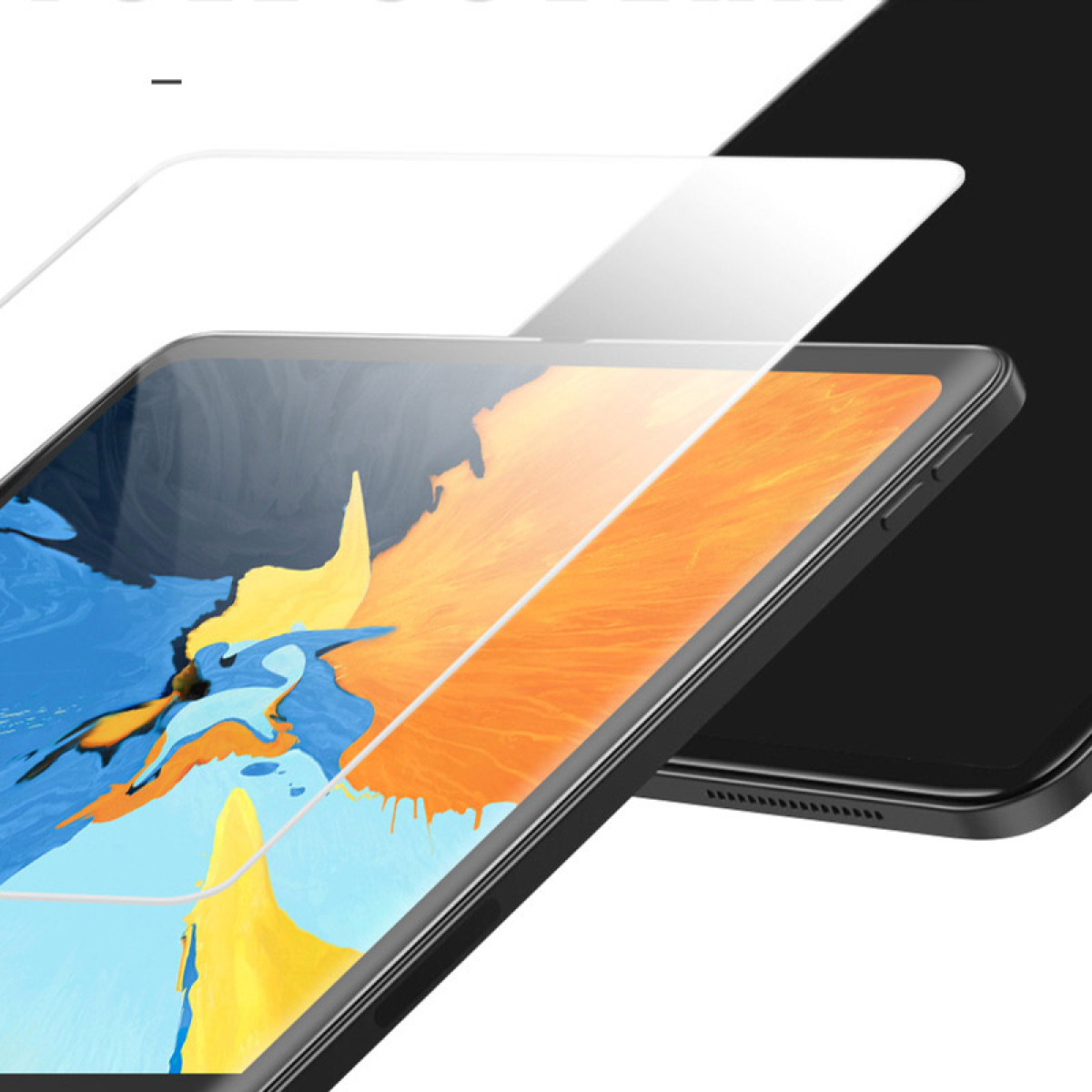 Een tablet waarbij een schermbeschermer wordt afgepeld. De achtergrond is wazig oranje en geel.