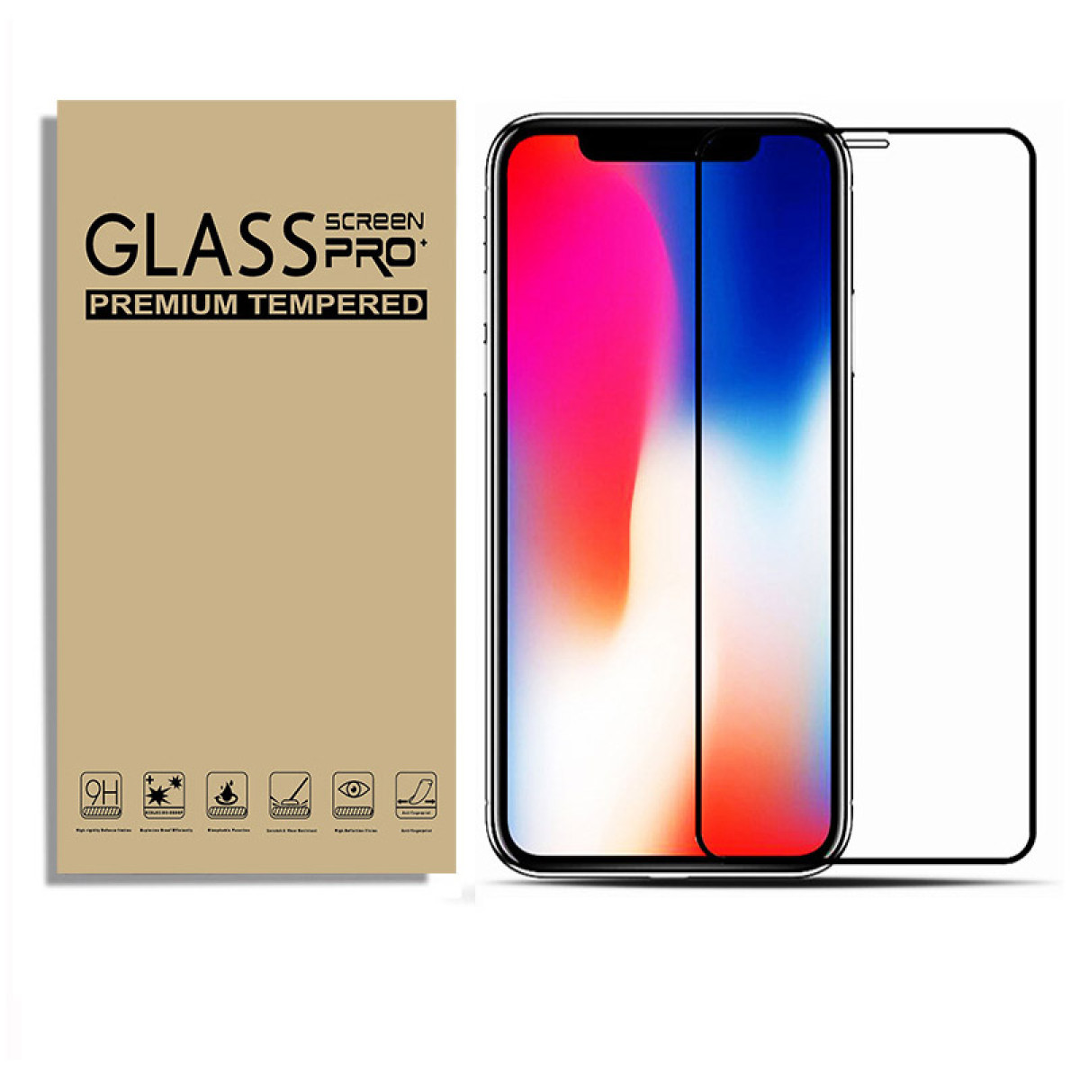 Telefono con protezione schermo e scatola di imballaggio su una superficie bianca. Lo schermo è visibile.