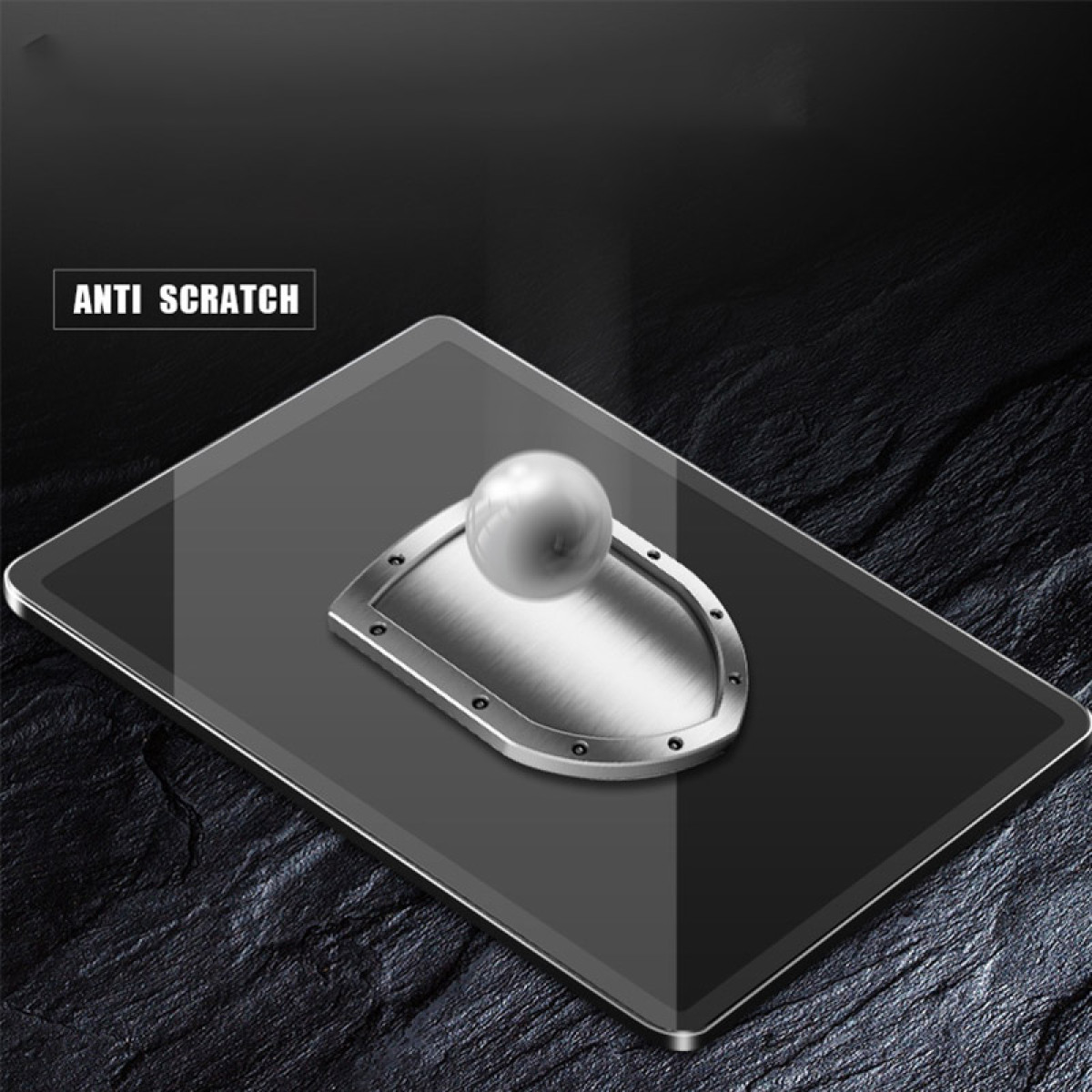 Tablet met schild en bol. Zwarte achtergrond met de tekst "ANTI SCRATCH".